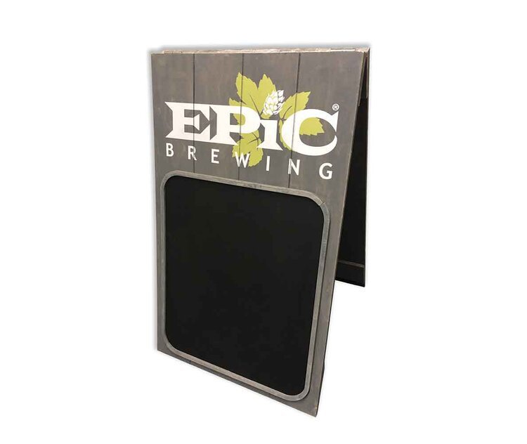 A sidewalk sign with the Epic Brewing logo and a black chalkboard area for writing.
