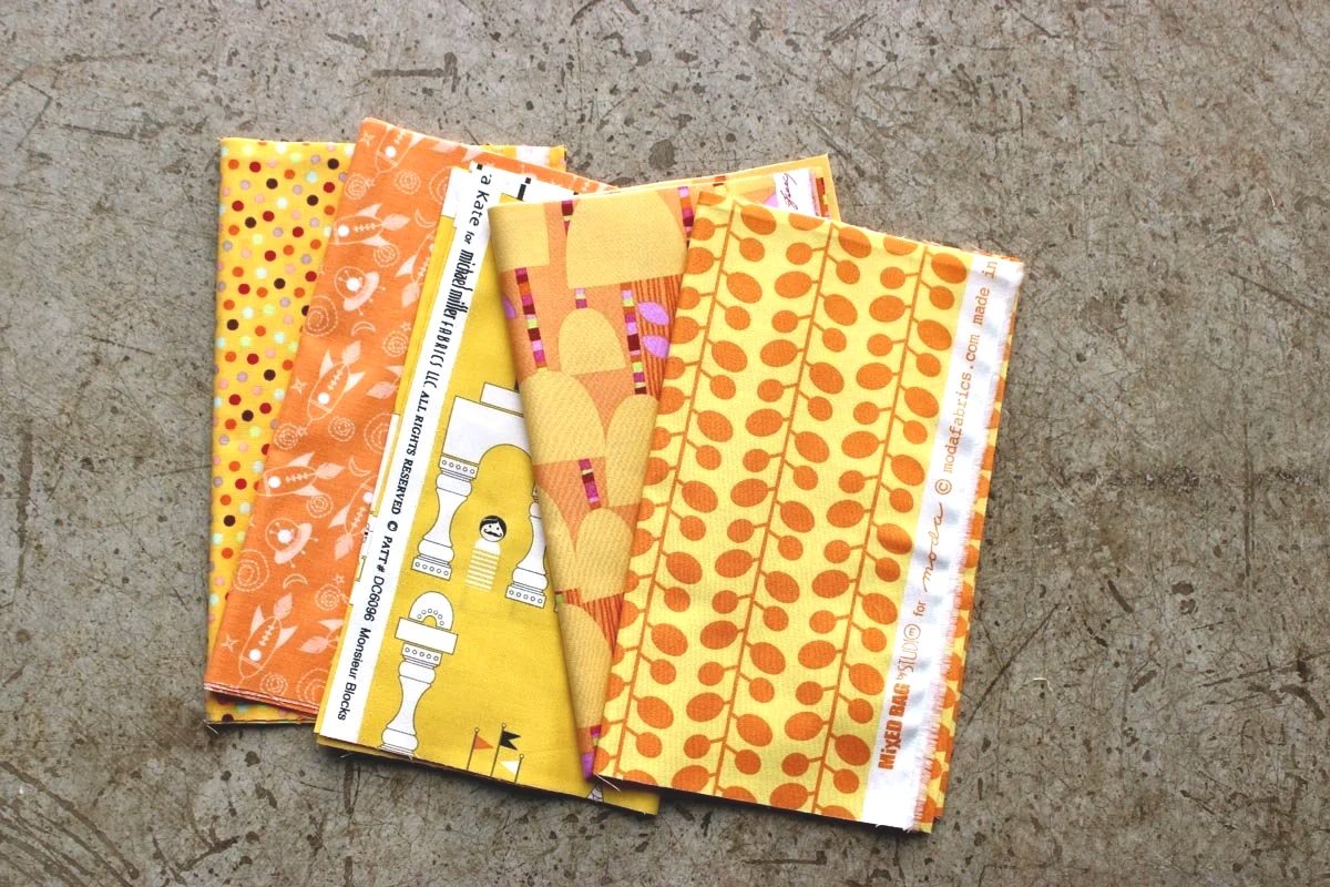 Bundle of five quarter yard cuts bright yellows