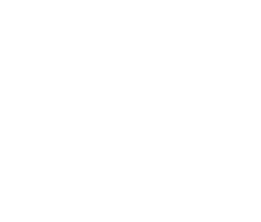 Silhouette of a winged cupid flying and pointing forward.