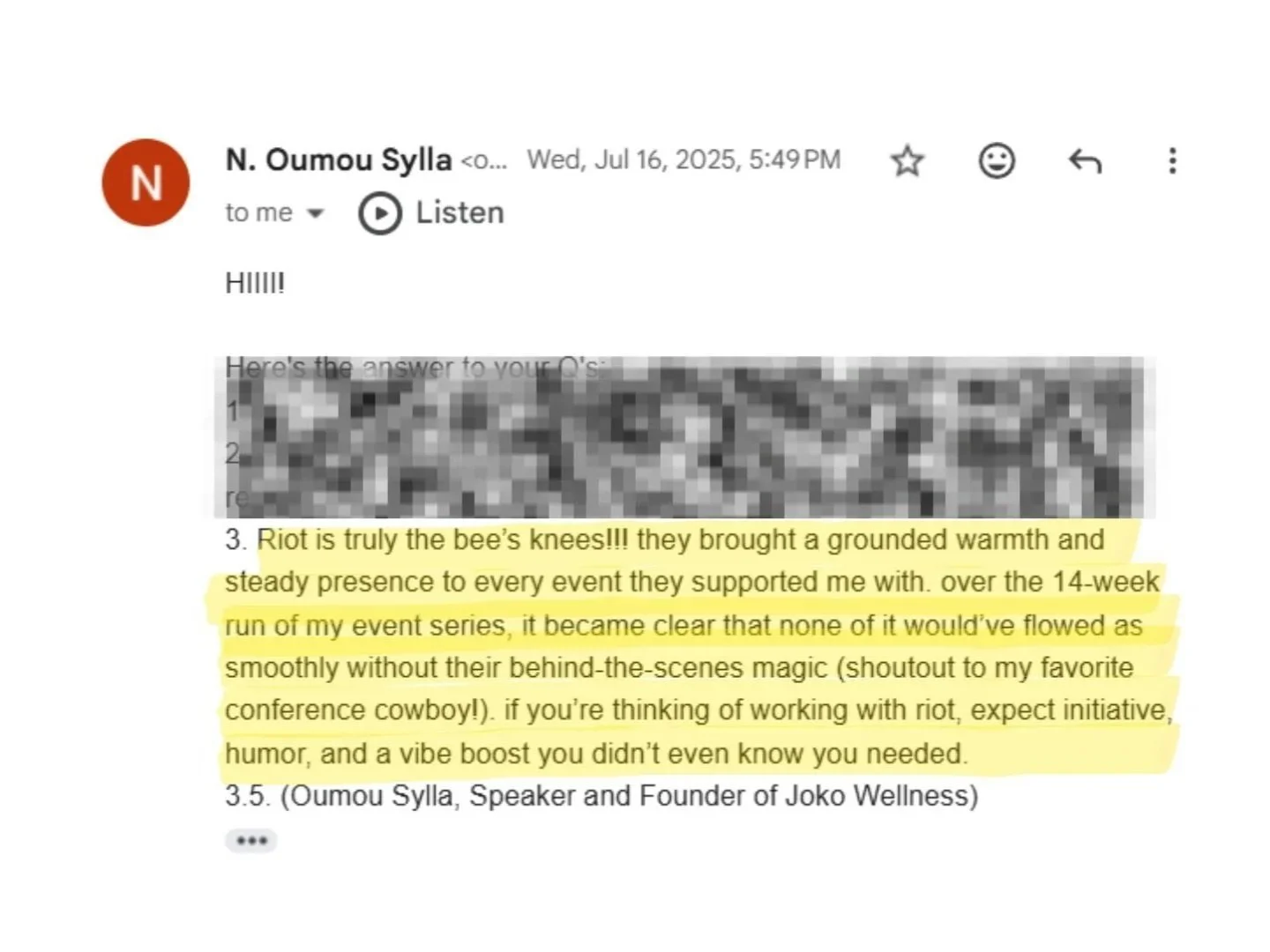 Email message from N. Ouomou Sylla with a highlighted paragraph discussing Riot's supportive role, mentioning their impact on a run of an event series and encouraging working with Riot for initiative, humor, and vibes.