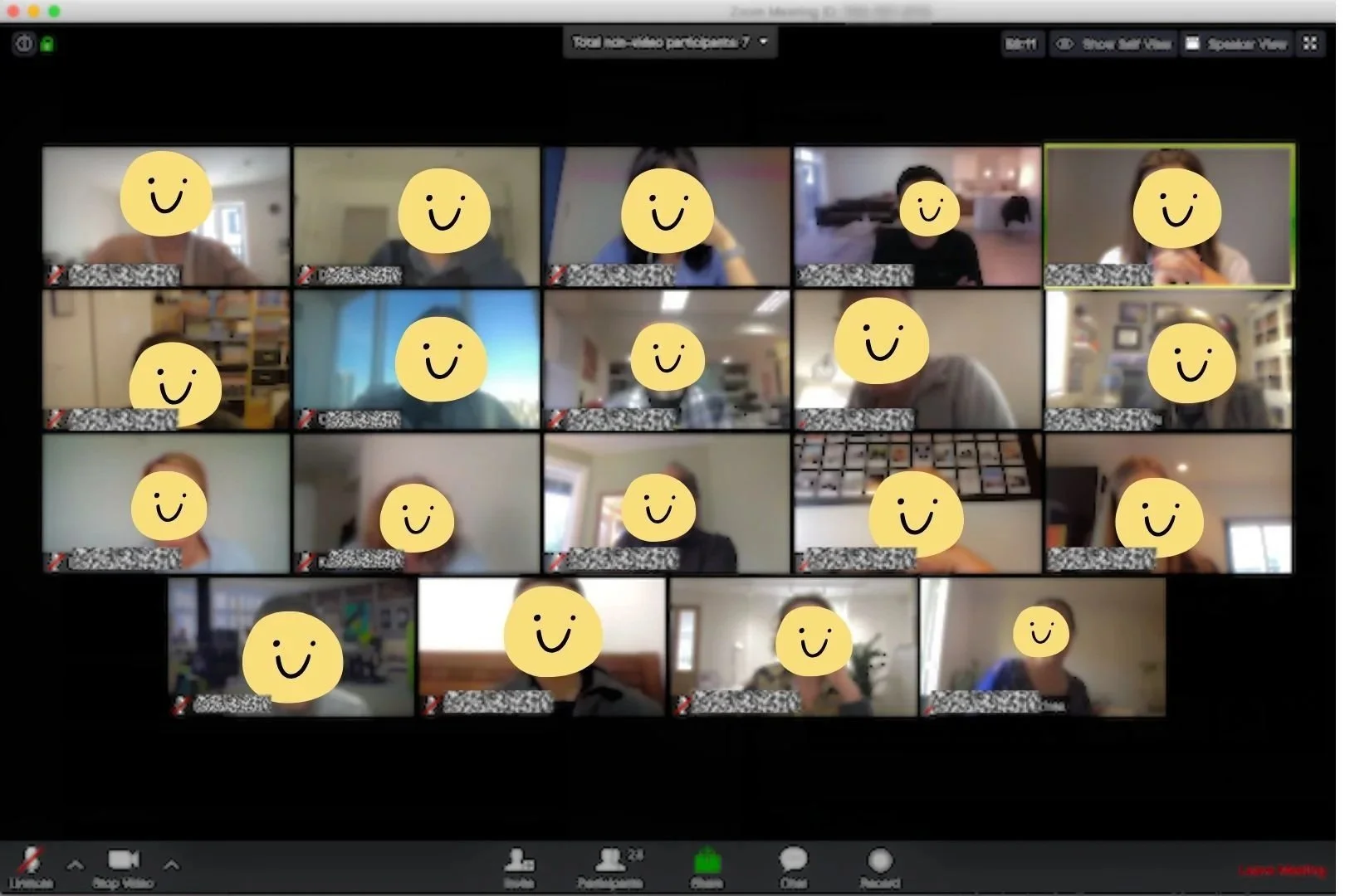 Screenshot of a virtual meeting with multiple participants, each face covered by a yellow smiley face icon.