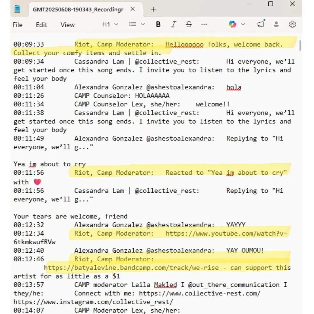 Screenshot of a virtual camp session with chat comments highlighted, showing a moderator welcoming participants and sharing links, with chat responses included.