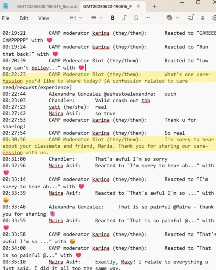 Screenshot of a chat transcript featuring CAMP and CAMP moderator comments, including discussions about care sessions, reactions, and emotions like sadness and apology, with timestamps and participant names.