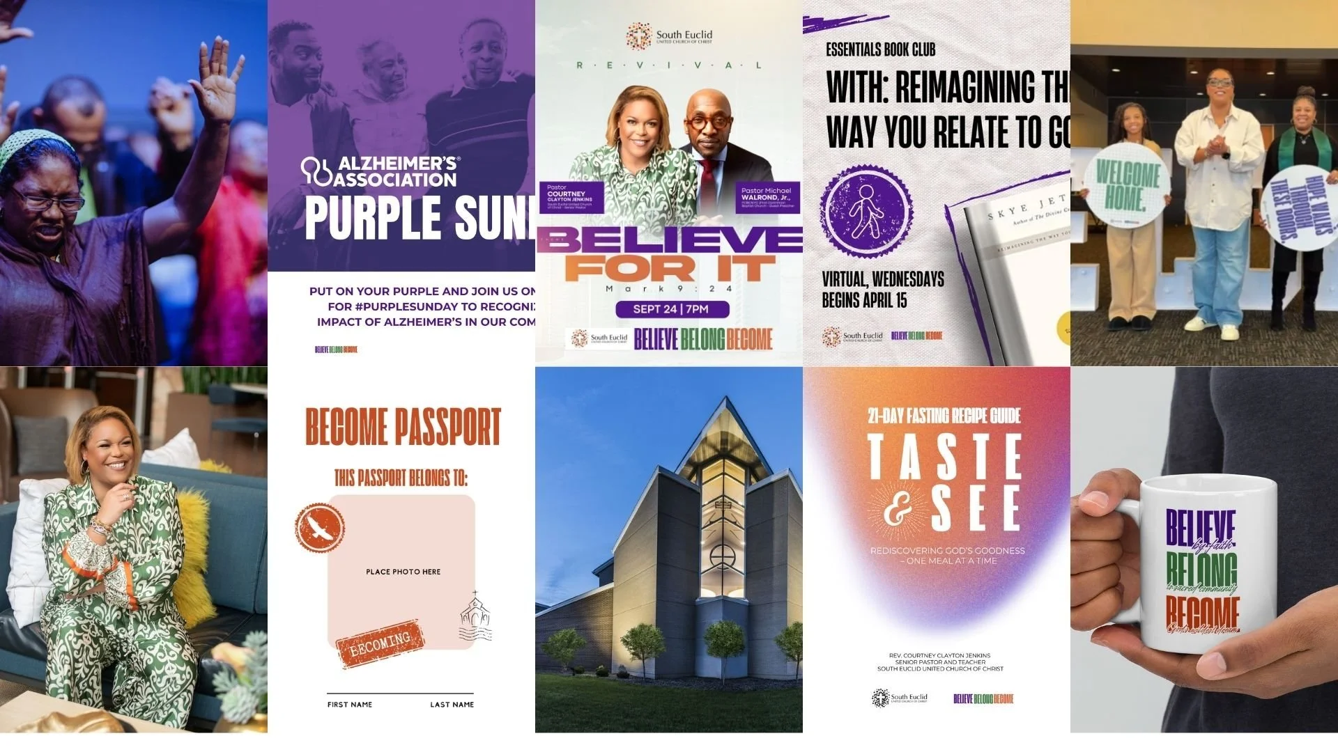 A collage of eight images featuring church and community event visuals, including people holding signs, promotional posters for meetings and events, a modern church building, and a person holding a mug with a motivational quote.