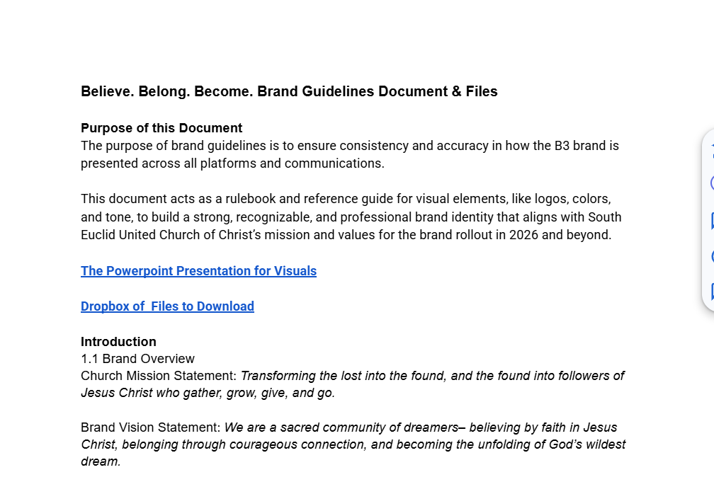 Screenshot of a document titled "Believe. Belong. Become. Brand Guidelines Document & Files" outlining brand purpose, visual guidelines, and mission statements for South Euclid United Church of Christ.
