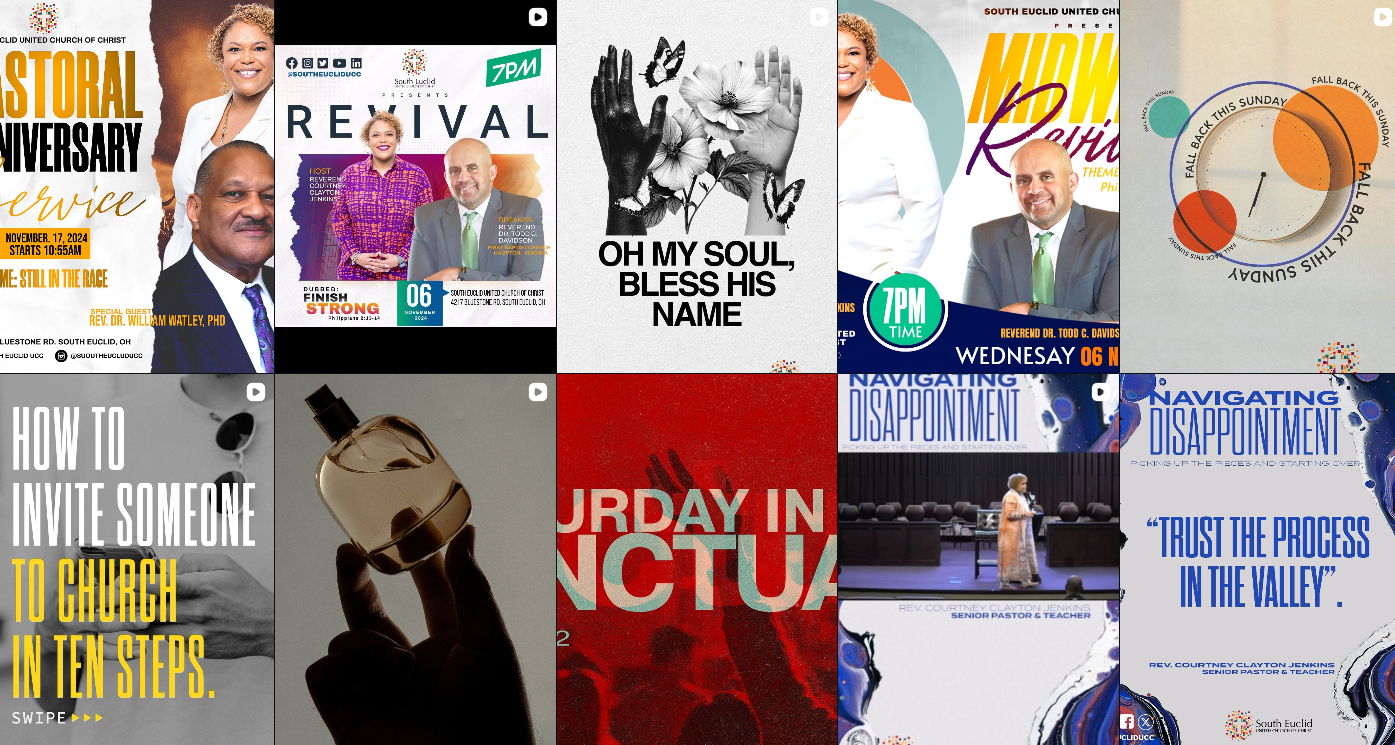 A collage of digital posters and flyers for church events and sermons, featuring speakers, schedules, and inspirational messages. Includes images of people, such as a smiling woman and a man in a suit, as well as graphics with text like 'Resurrection Anniversary Service', 'Revival', 'Navigating Disappointment', and 'Trust the Process in the Valley'.