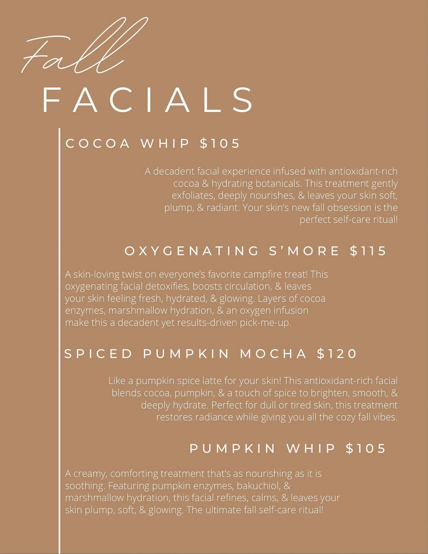 Fall facials have arrived! 🍂 From cozy cocoa enzymes to spiced pumpkin perfection &amp; freaky firming results, these treatments are rich, hydrating, &amp; almost good enough to eat (but please don&rsquo;t 😉). Which one are you &mdash; pumpkin spic