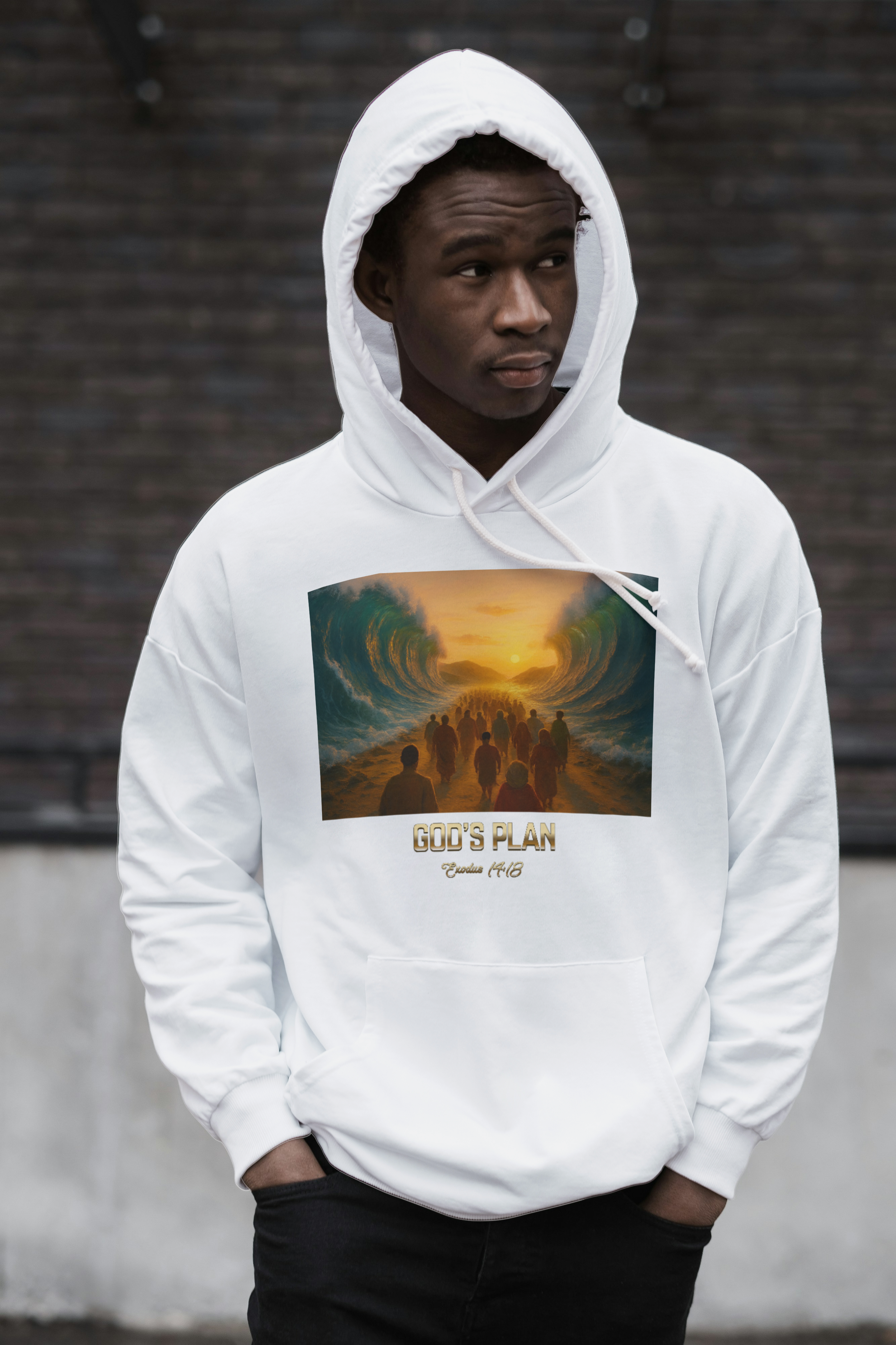 A young man wearing a white hoodie with a graphic print of a sunset and ocean waves with people walking on the beach, and the text 'God's Plan' with a Bible verse reference.