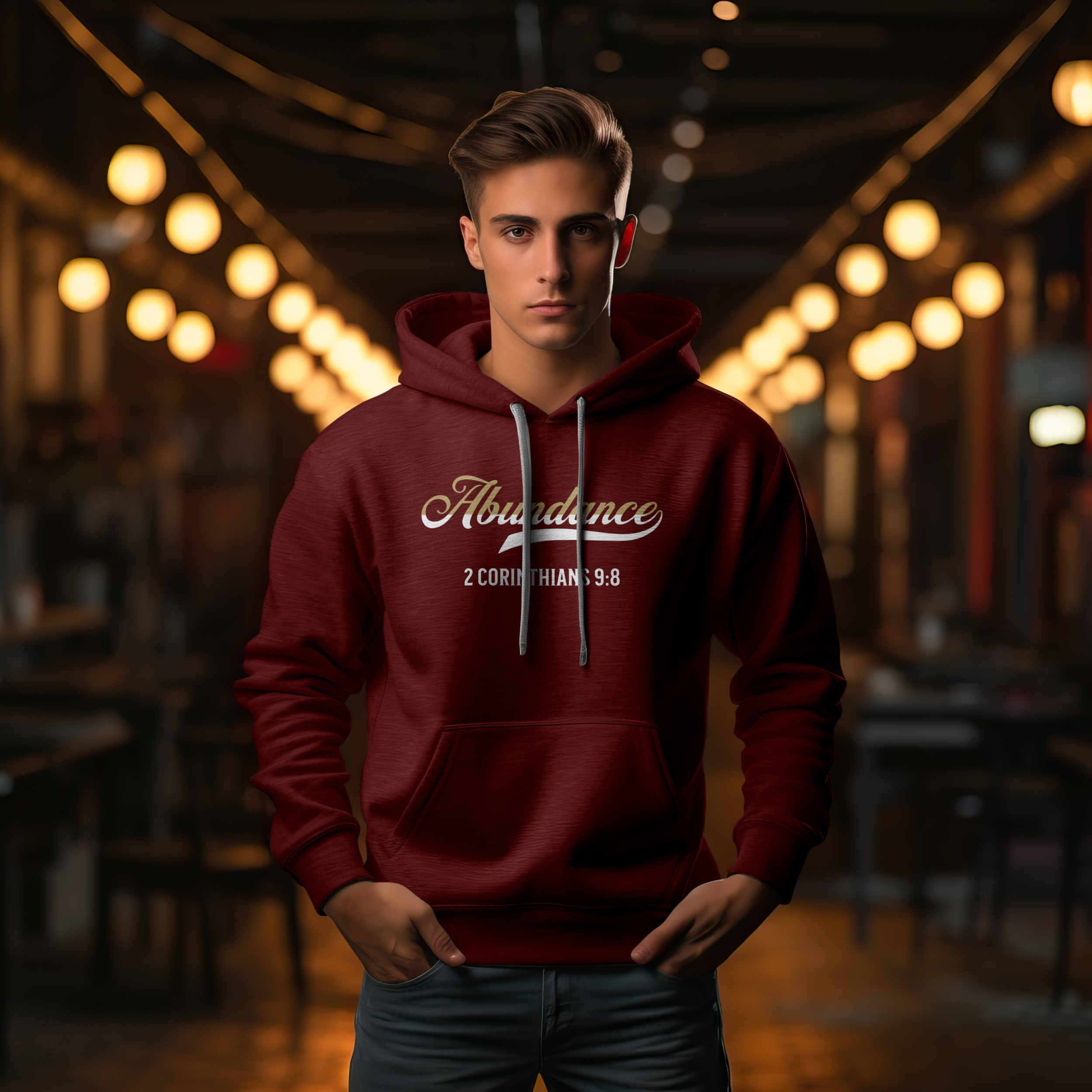 A young man standing in a dimly lit restaurant or bar, wearing a red hoodie with the word "Abundance" and a Bible verse reference, with hands in pockets and a serious expression.