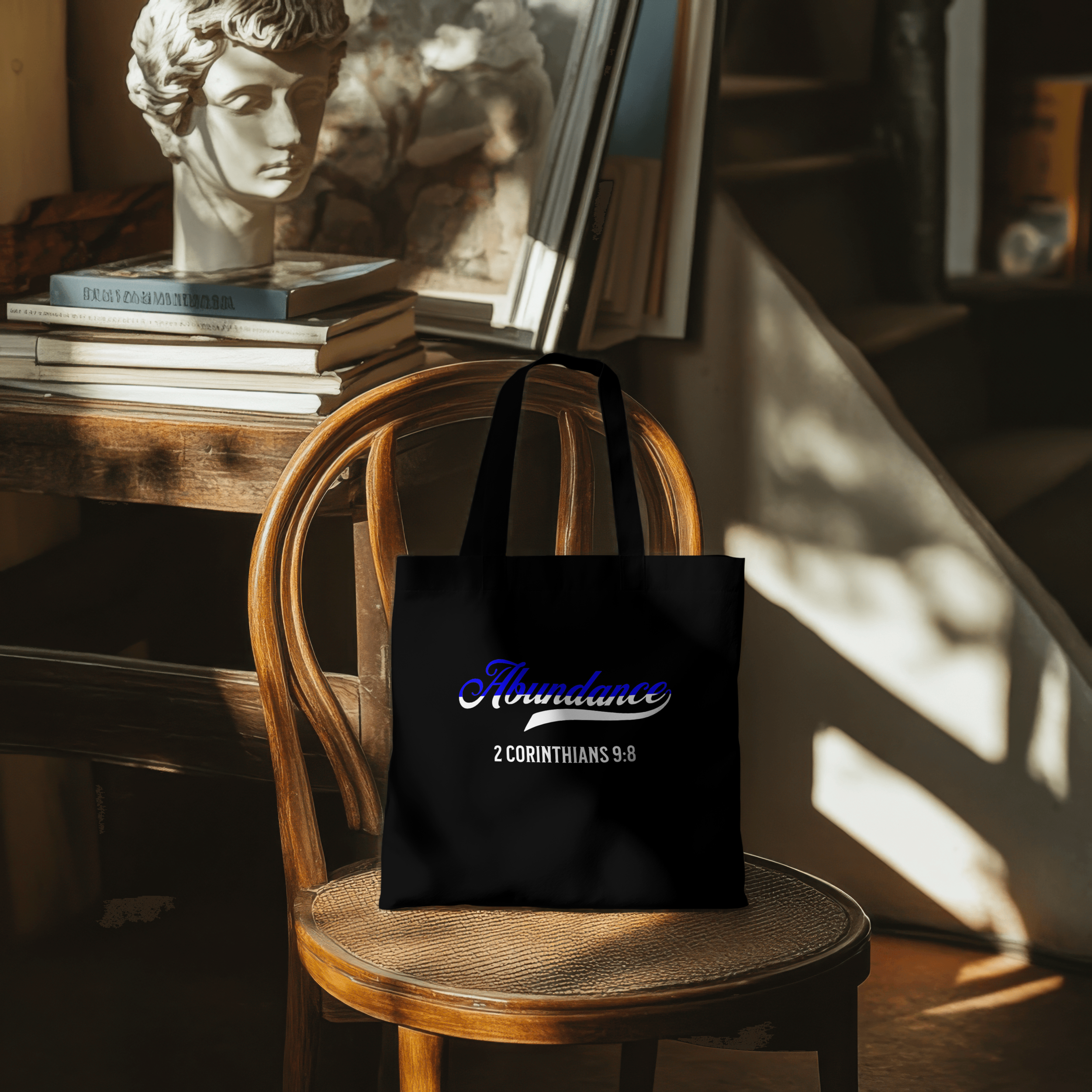Black tote bag with the word 'Abundance' in blue script, 2 Corinthians 9:8 written below, placed on a wooden chair in a warmly lit room with art books and sculptures visible in the background.