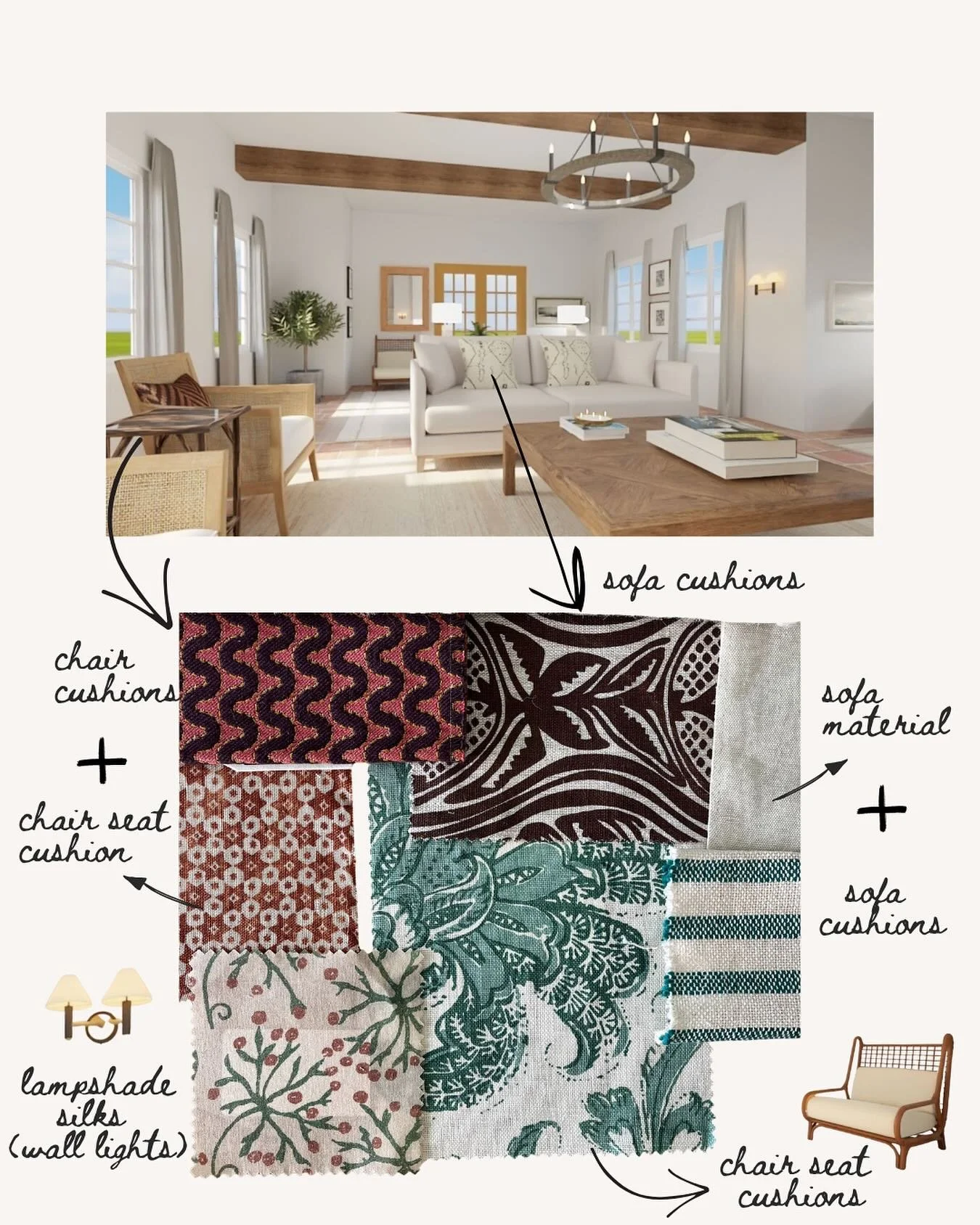 This is a design concept and rendering of a room. Earthy colors plus tealy greens. Silk, cotton, linen prints and weaves. What's your favorite part? 👇🏼