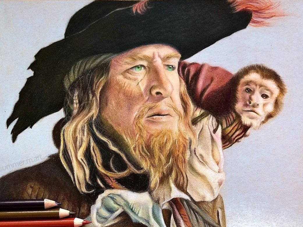 A detailed colored drawing of a pirate with a large black hat, a red feather, long blonde hair, and a beard, looking into the distance. A small monkey is perched on his shoulder, facing forward with a curious expression.