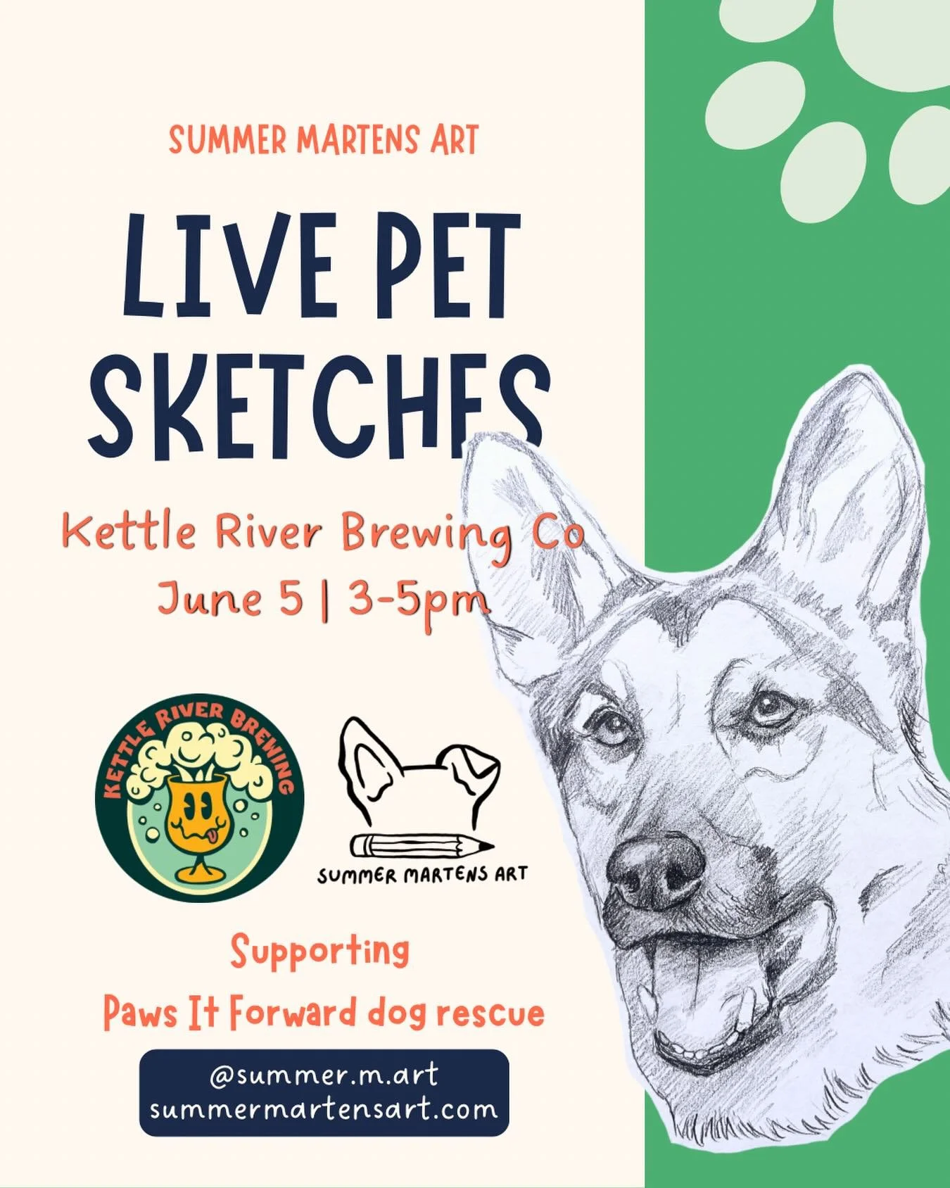 THIS FRIDAY at @kettleriverbrew from 3-5pm 🐾

Come enjoy happy hour on the patio and get a hand-drawn sketch of your pet while you sip. Dogs can join the fun on the patio! Even if they can&rsquo;t make it, bring a clear photo of them and I&rsquo;ll 