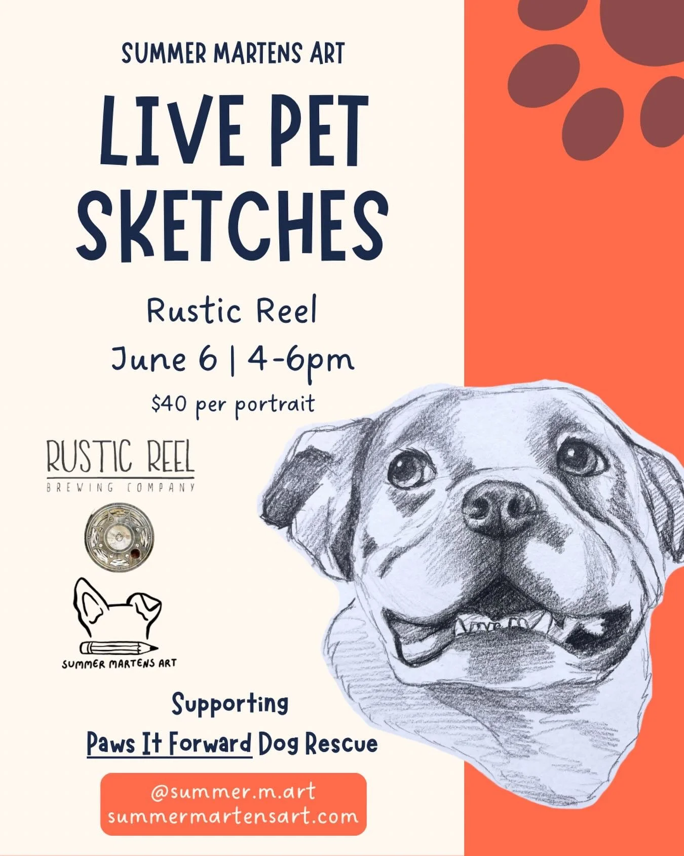 Sketching at @rusticreel TODAY from 4-6pm 🐾🍺

Bring your pup or a photo of them and I&rsquo;ll turn it into a hand-drawn sketch in about 25 minutes. $40 per portrait, first come first served!

20% of every sketch goes to @pawsitforward dog rescue ?