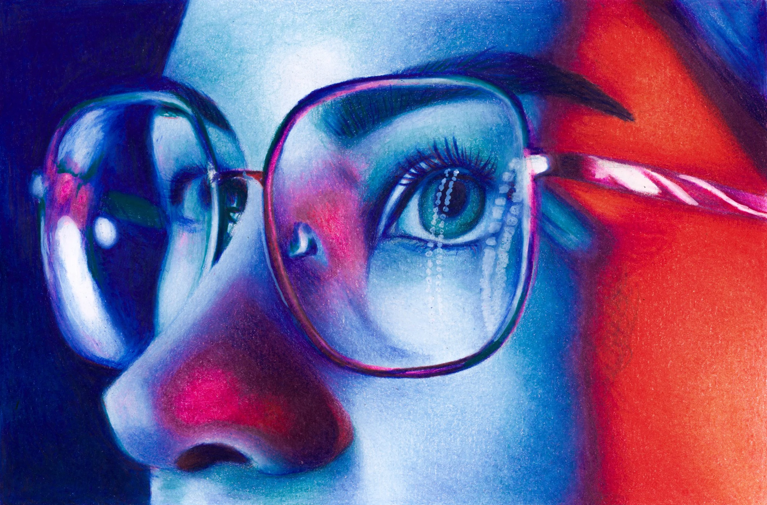 Close-up of a person's face wearing glasses, with vivid face paint or makeup, and a big eye reflected in the glasses.