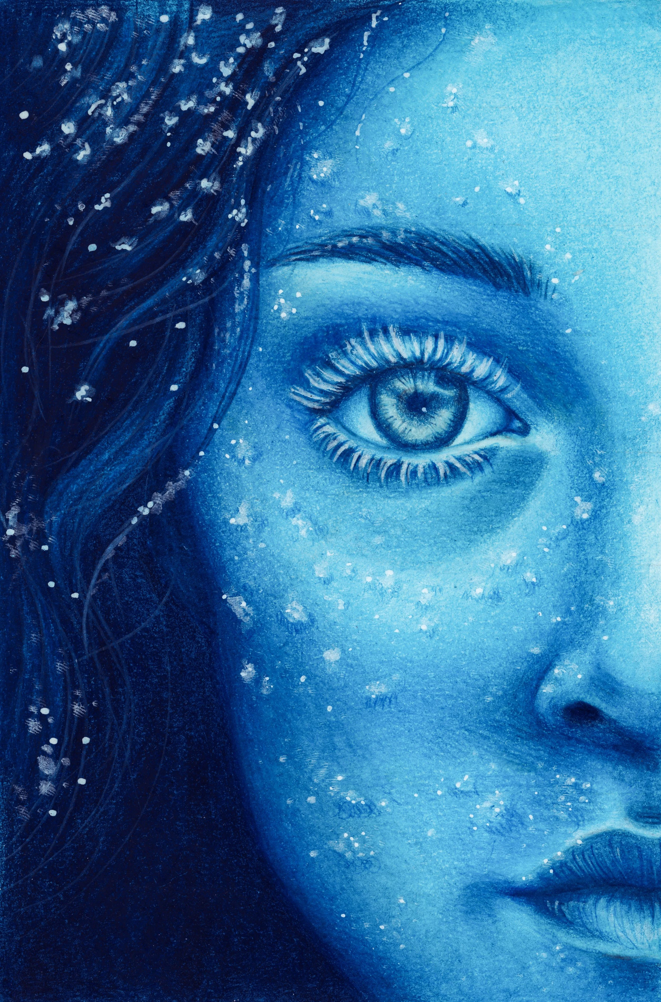 Close-up of a blue-toned digital artwork of a woman's face, focusing on her eye, with star-like specks and flowing hair.