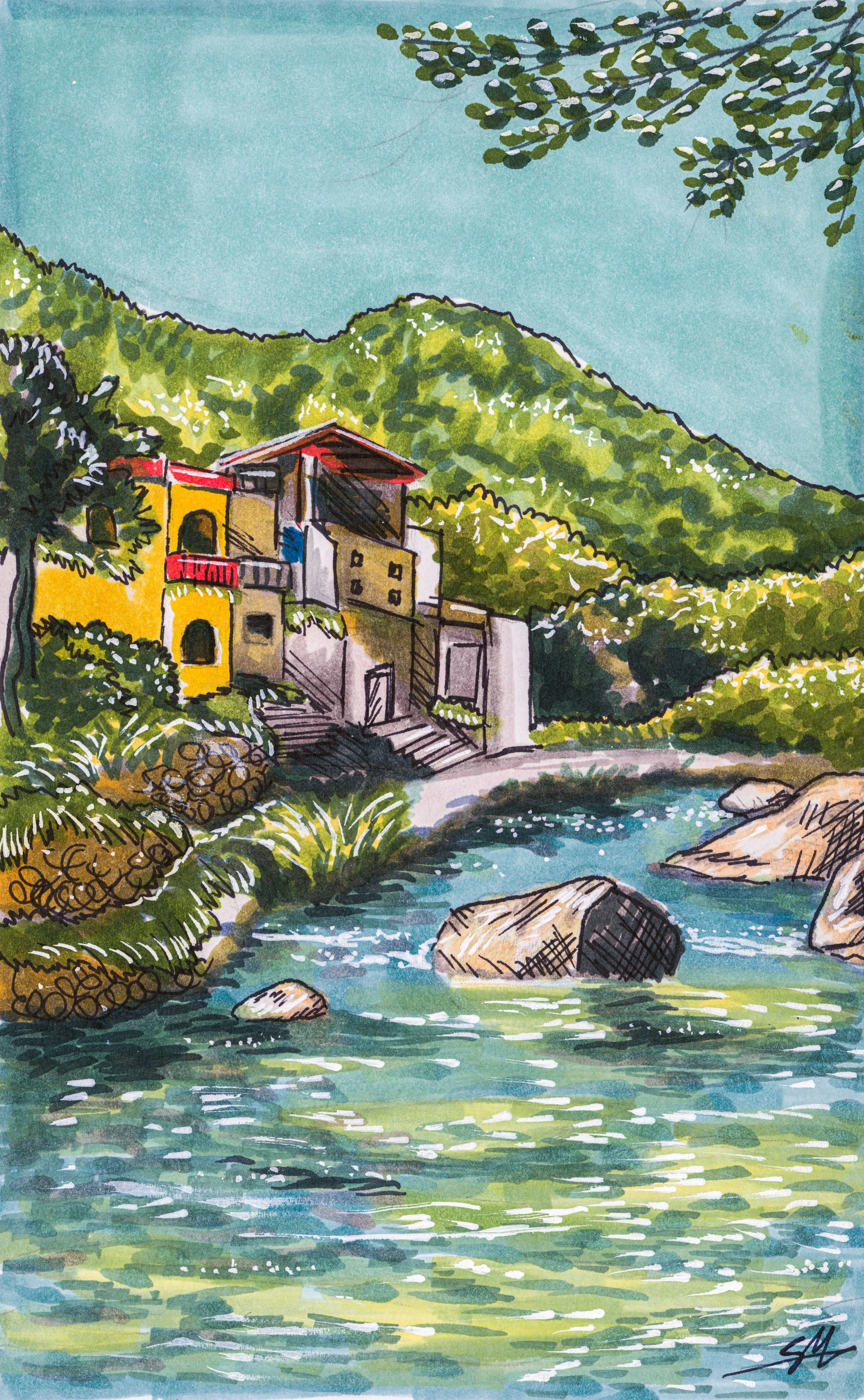 A watercolor painting of a mountain landscape with a river flowing in the foreground, rocks in the water, lush green trees and bushes, and houses with stairs on the hillside under a clear sky.