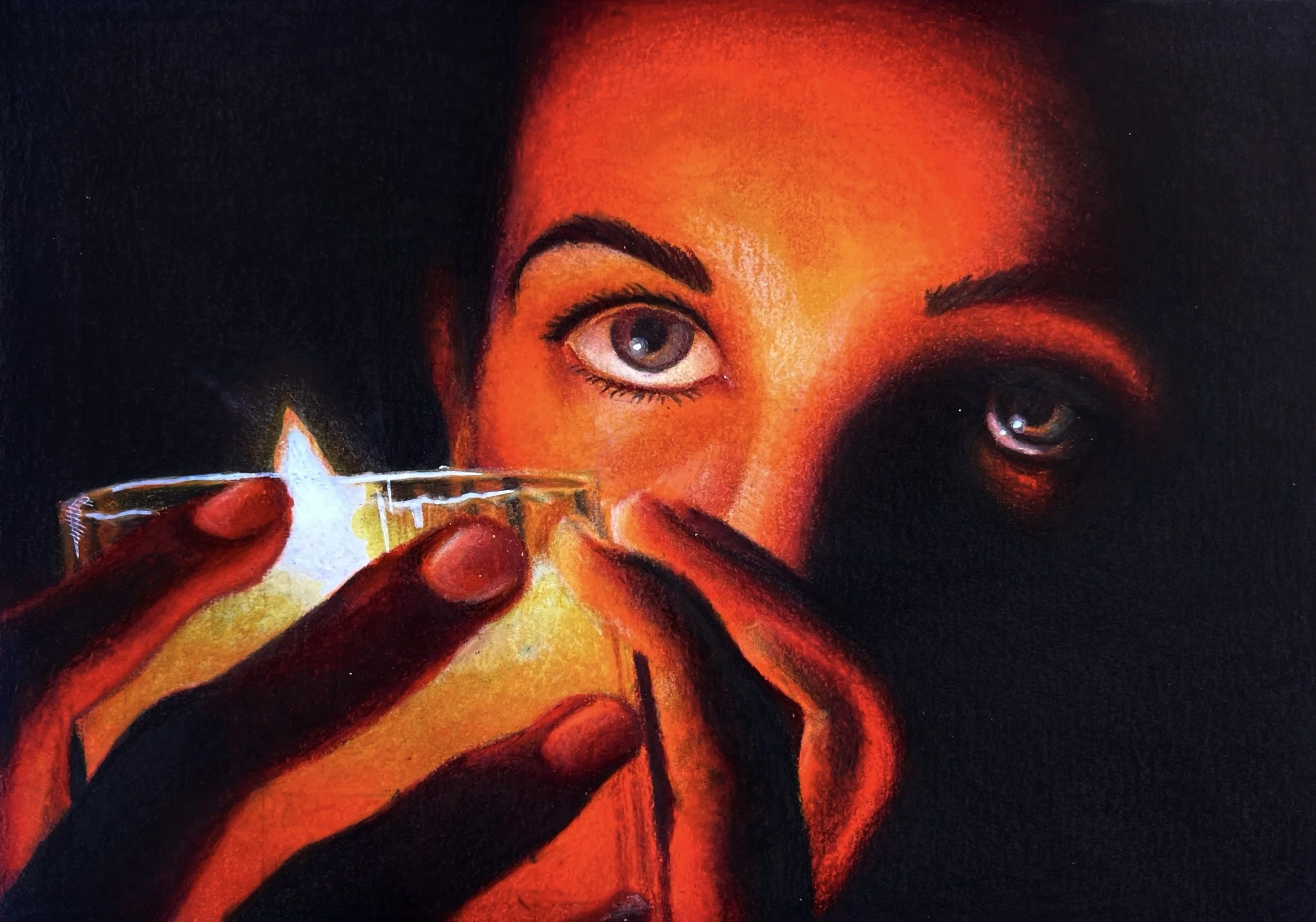 A painting of a woman holding a star-shaped object near her face with glowing colors and dark background.