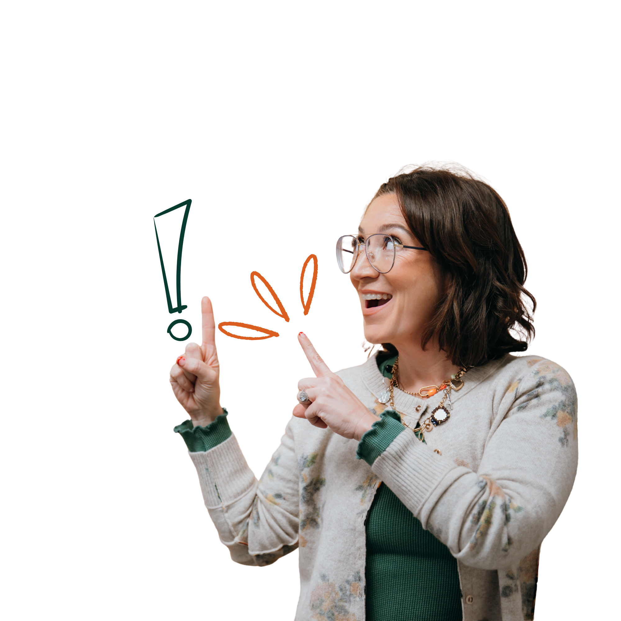 A woman with brown hair and glasses smiling and pointing upwards with both hands, wearing a checkered and floral patterned sweater and a green shirt underneath.