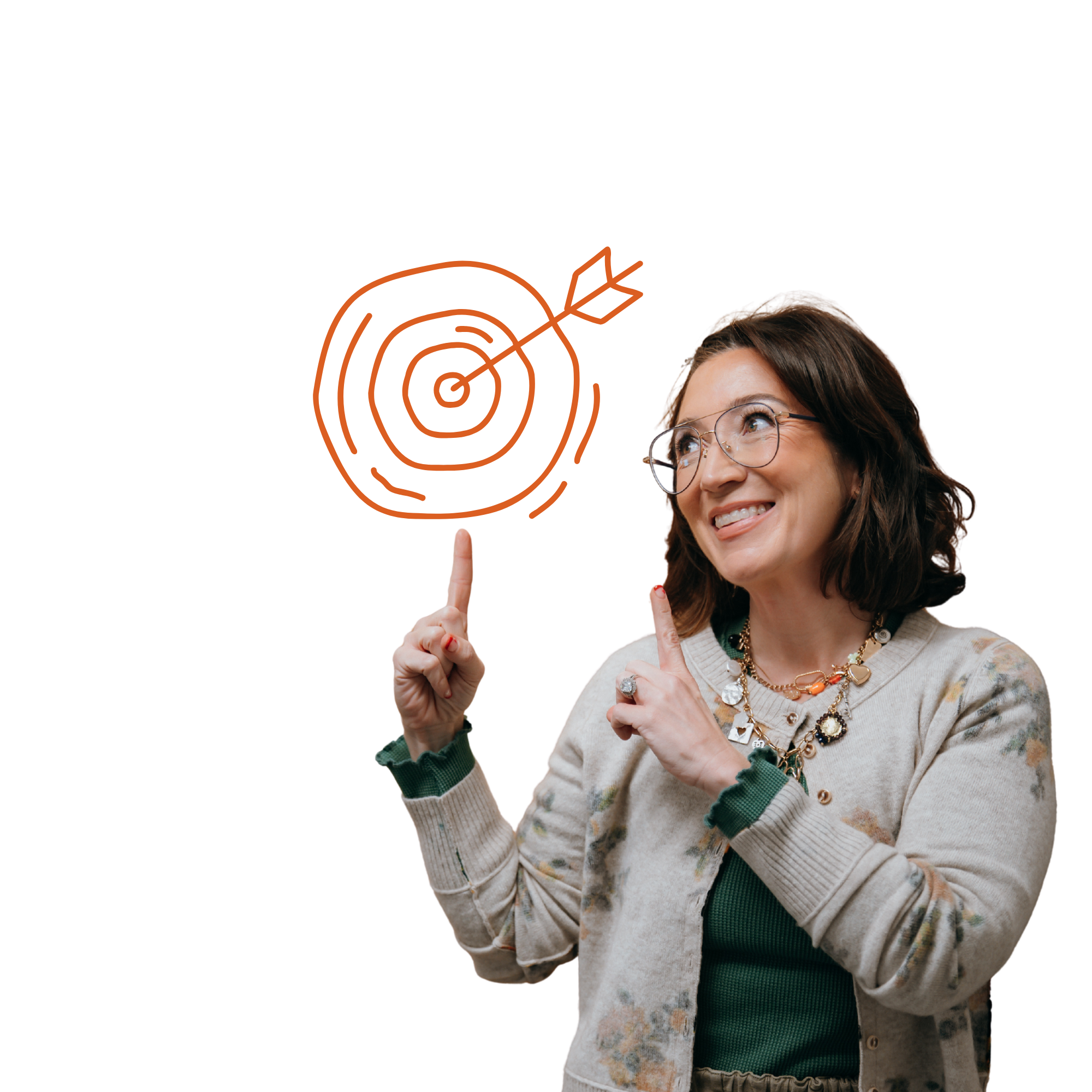 A woman with glasses smiling and pointing up with her index finger.