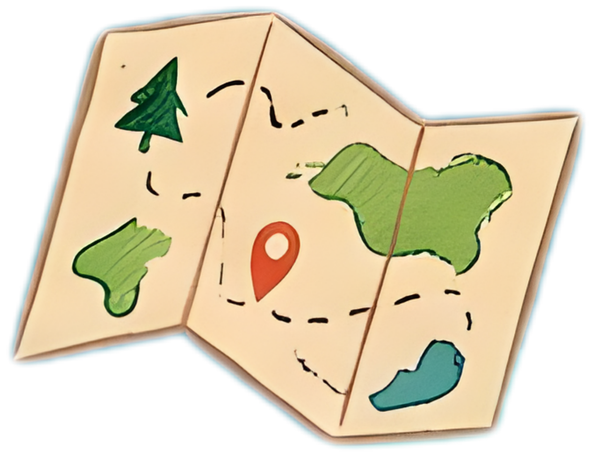 A foldable paper map with green illustrations of land, a blue body of water, a red circle, and a green tree, set against a black background.
