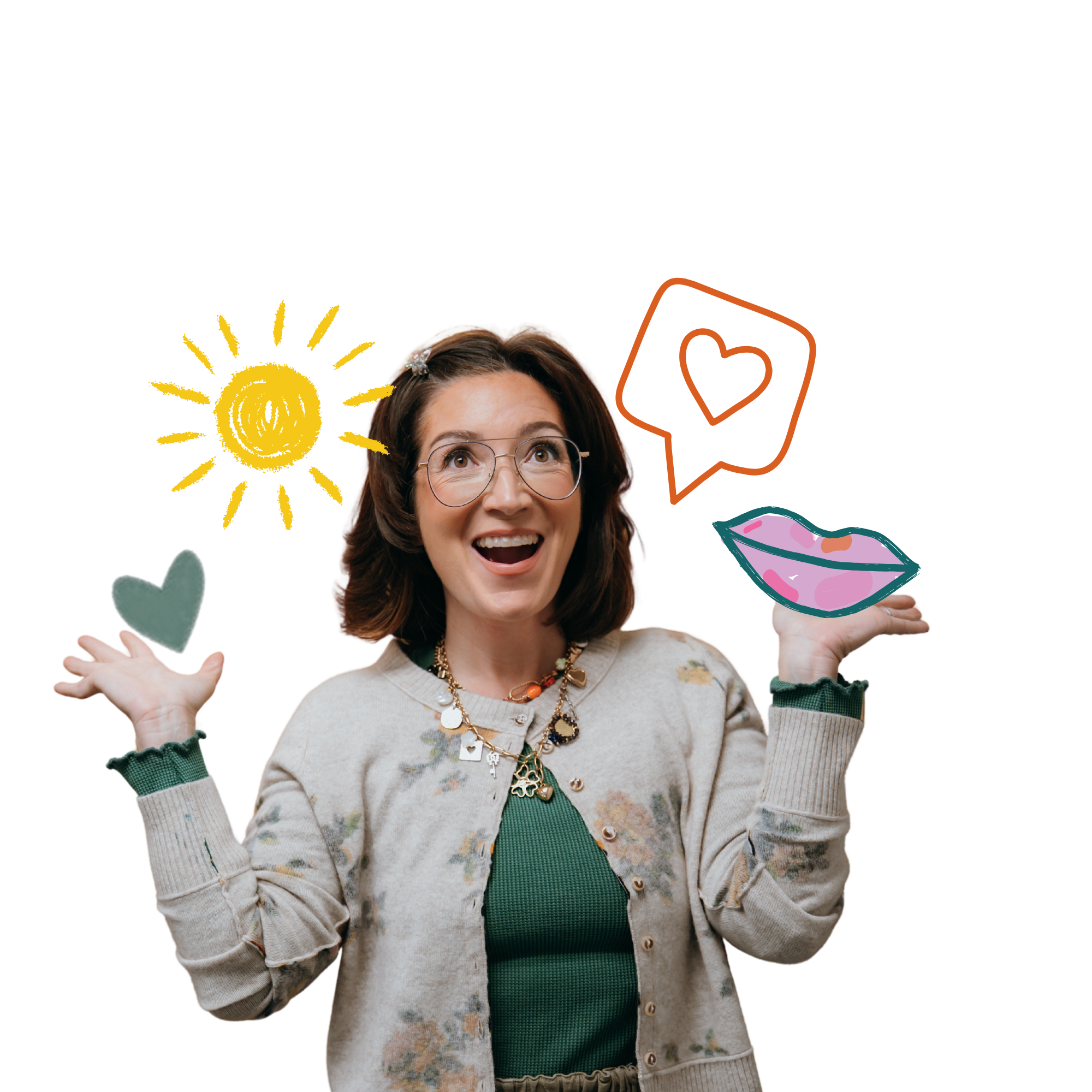 A woman with brown hair, glasses, and a surprised expression, holding a green heart in her left hand and a pink piggy bank in her right hand, wearing a beige floral cardigan over a green top, with colorful doodles surrounding her.
