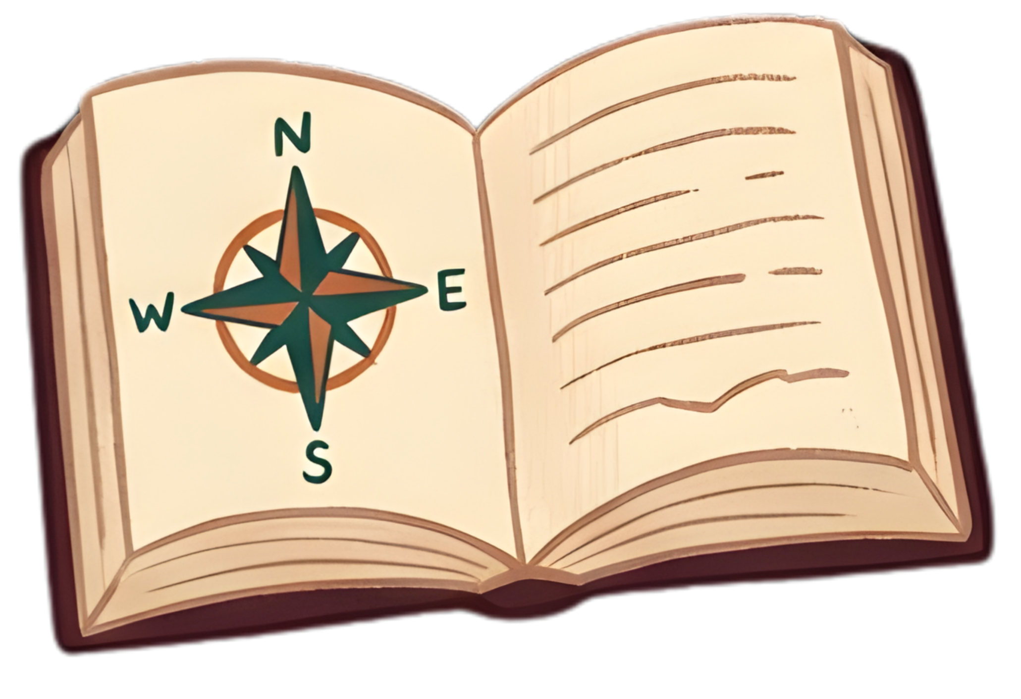Open book with a compass rose on the left page and blank lines on the right page.