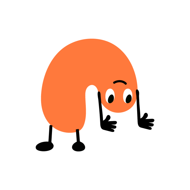A cartoon orange caterpillar with a smiling face, big eyes, and a single eyebrow, standing on black legs.
