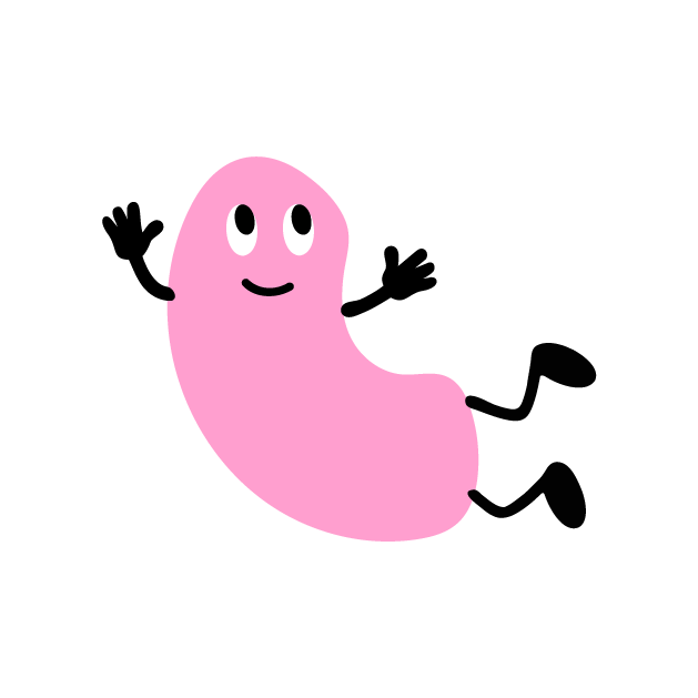 Cartoon pink worm with big eyes and a small smile, set against a black background.