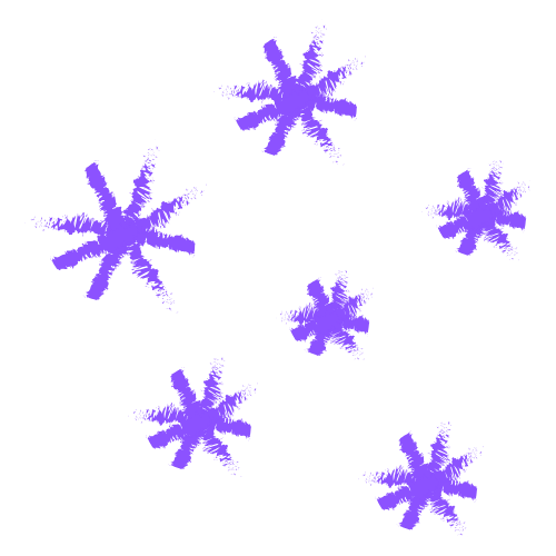 Six purple snowflake shapes on a black background.