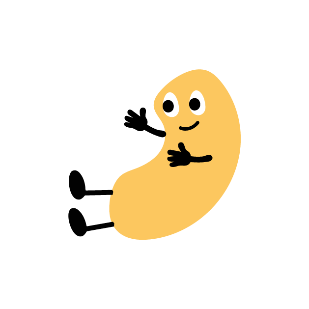 A cartoon illustration of a happy, yellow bean with arms, legs, and a smiling face, hugging itself.