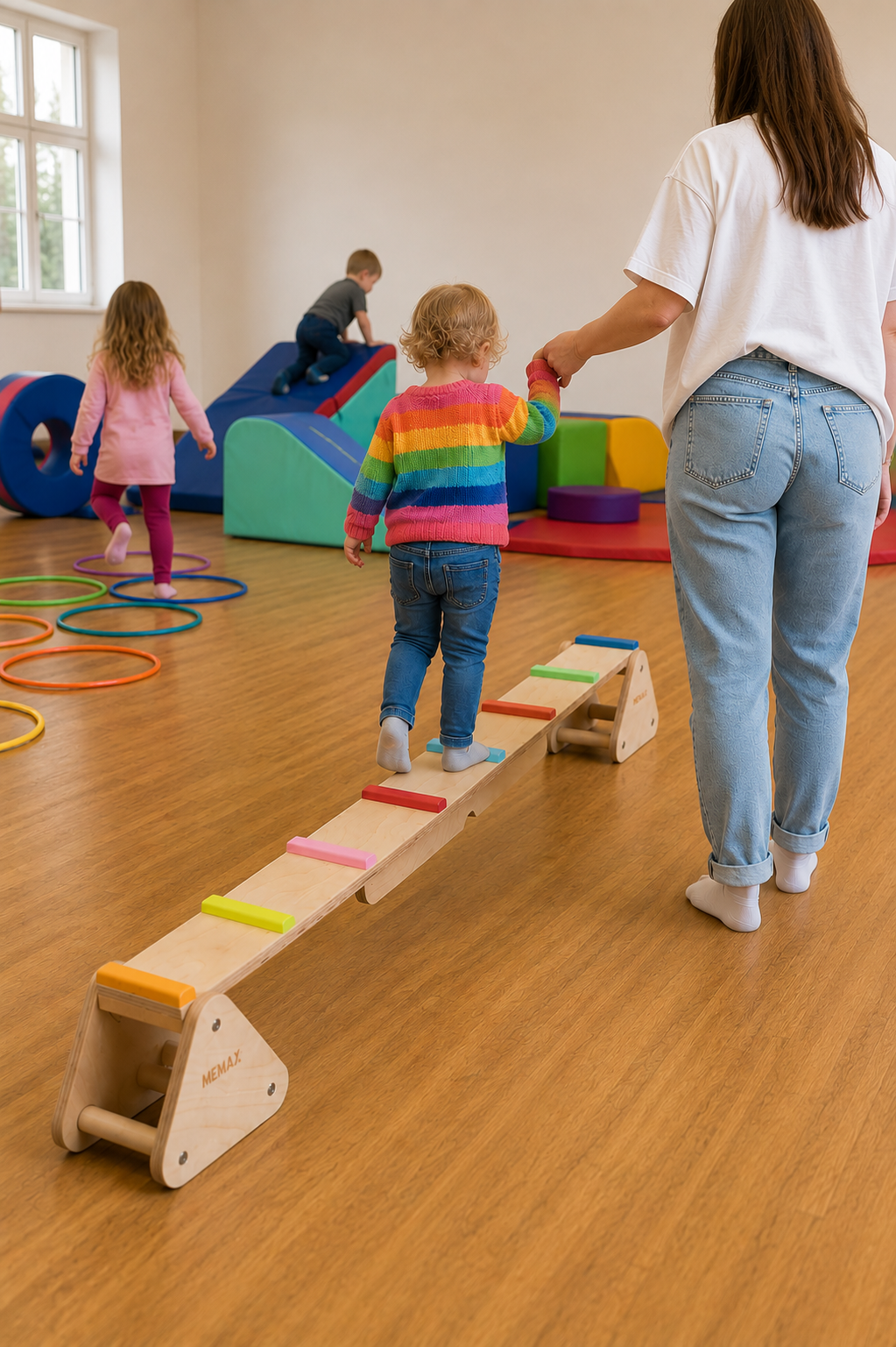 Toddler practising balance with parent support