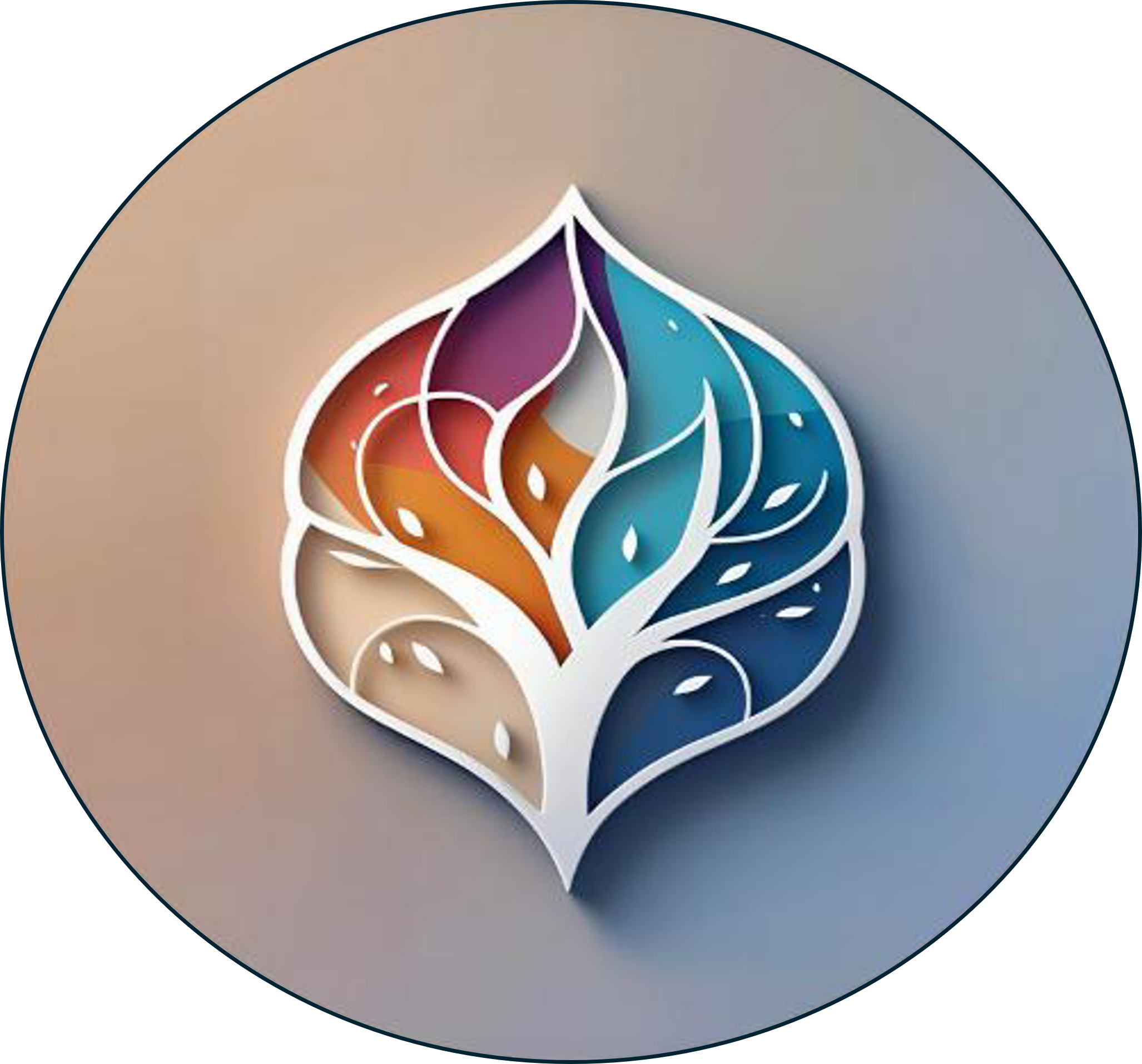 Colorful geometric leaf design with shades of red, orange, purple, blue, and beige on a gray circular background.