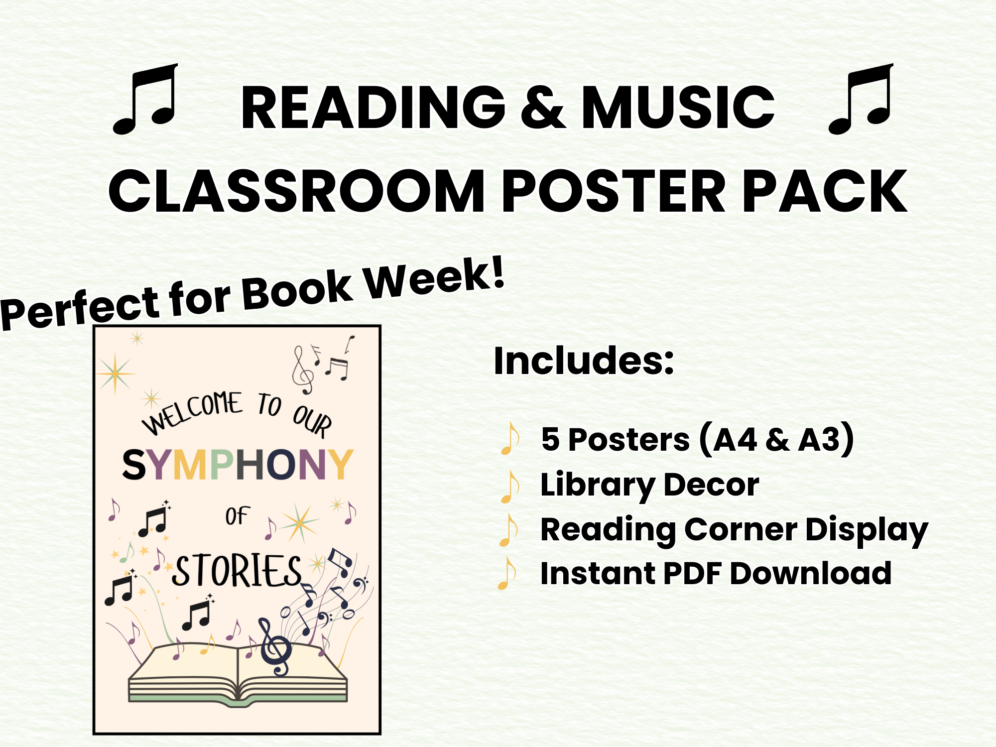 Poster advertising a reading and music classroom poster pack for Book Week, featuring a book with musical notes and stars emerging from it, with details about included items and activities.
