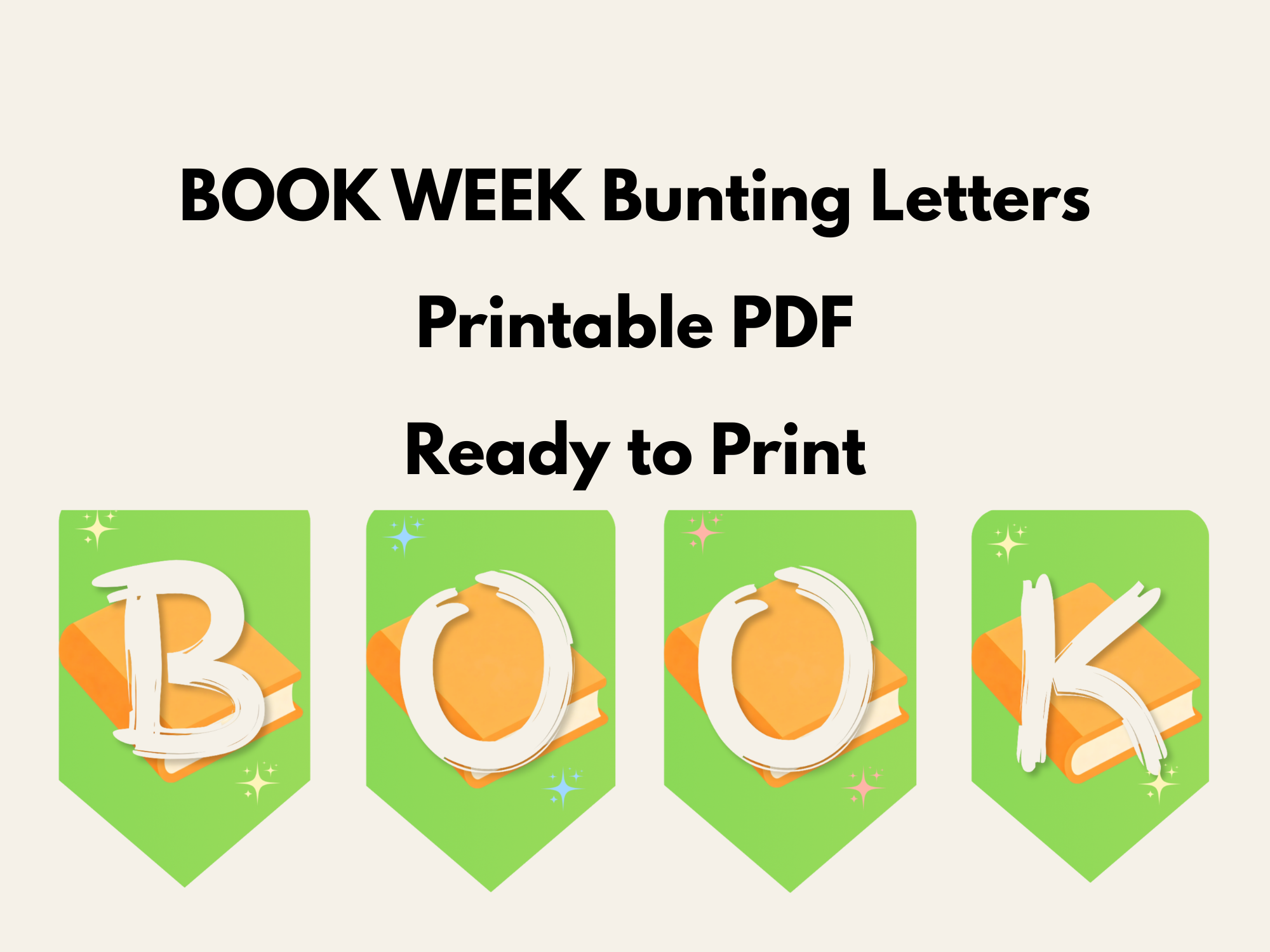 Poster for Book Week Bunting Letters featuring colorful alphabet letters on green background.