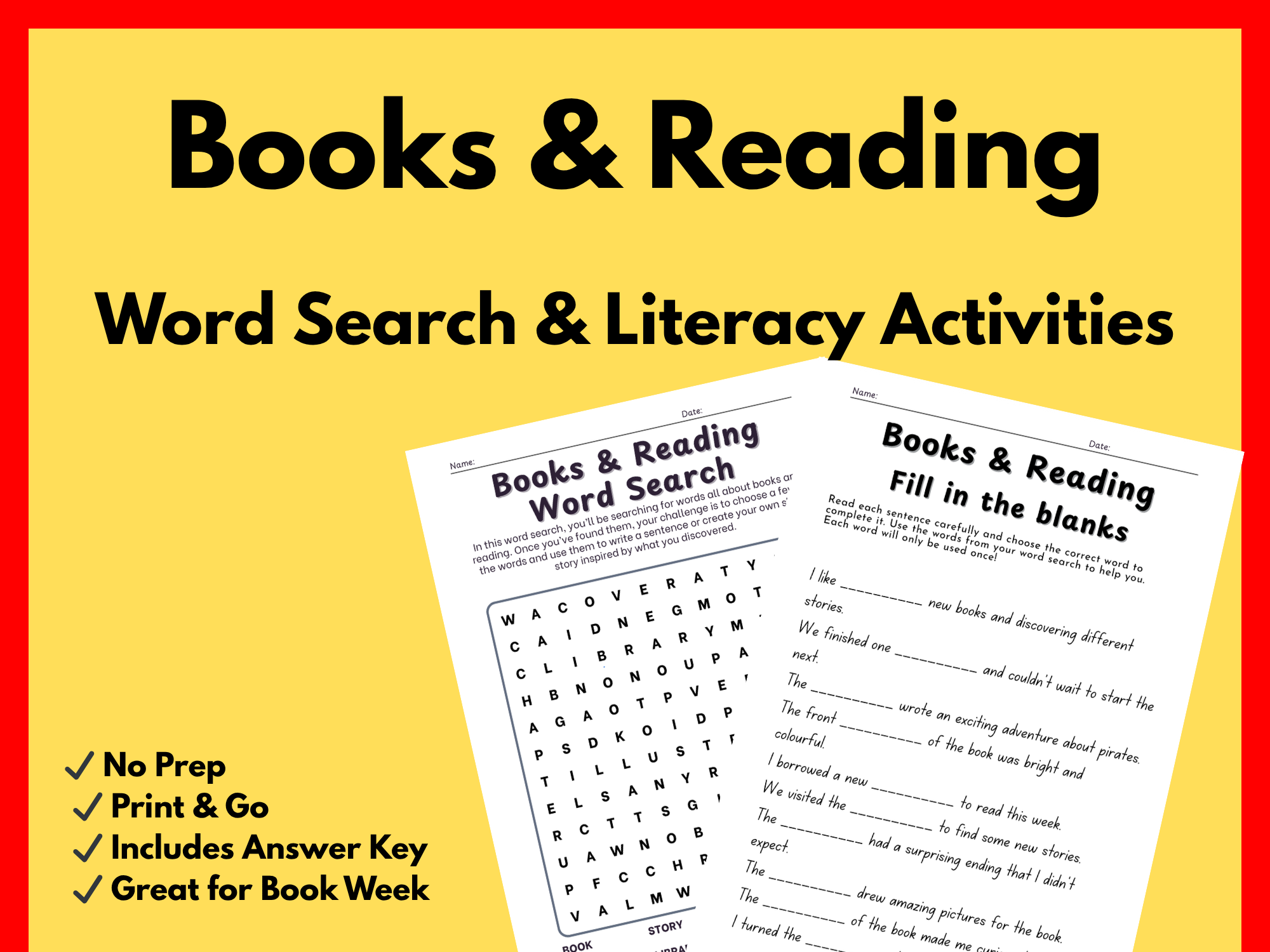 A promotional flyer for books and reading activities, featuring word search and literacy tasks with instructions, answer keys, and example pages.