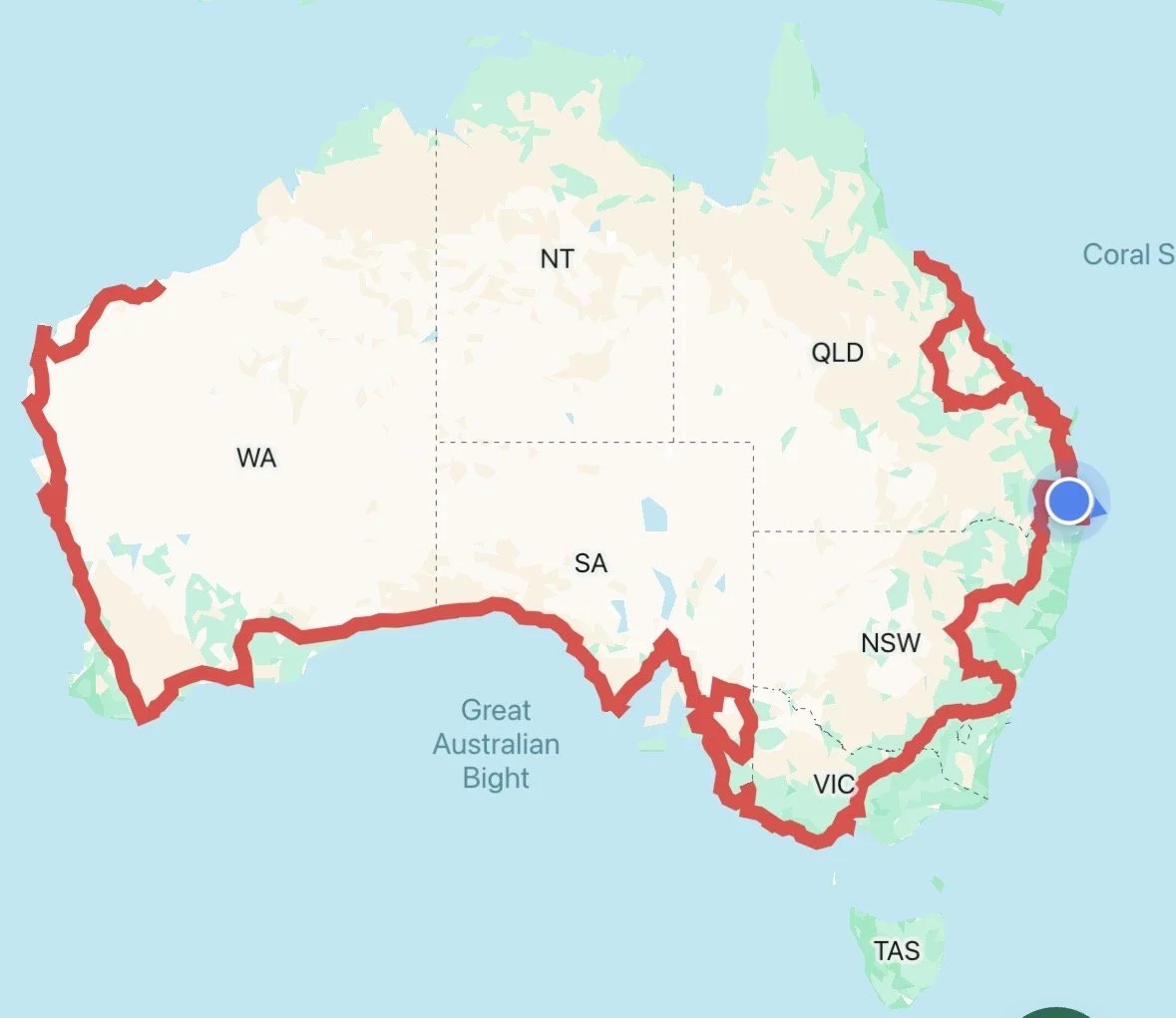Map of Australia highlighting a route along the coast.