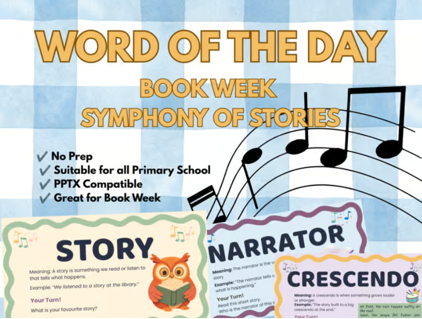Educational poster for Book Week featuring a Word of the Day theme, with music notes and definitions for 'Story', 'Narrator', and 'Crescendo'.