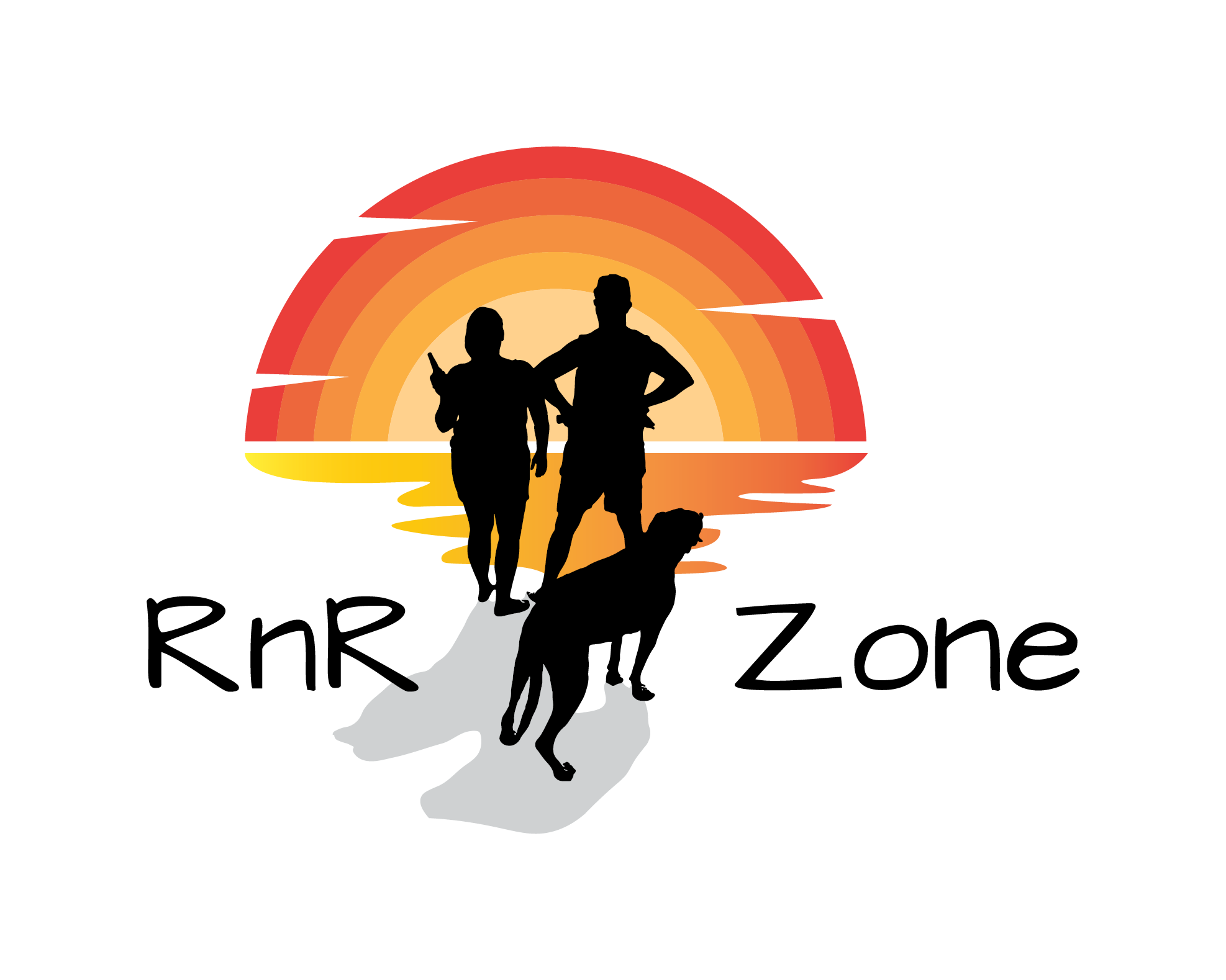 Silhouettes of two people and a dog walking along a beach at sunset with a colorful sky in the background, and the text "RnR Zone" underneath.