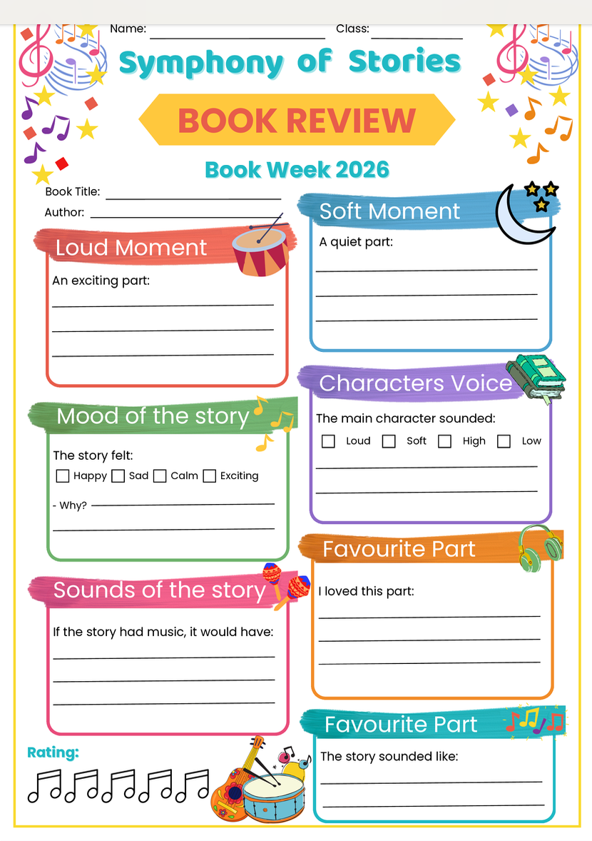 A colorful book review worksheet titled 'Symphony of Stories' for Book Week 2026. It has sections for book title, author, and various prompts about a story's loud and soft moments, characters' voices, mood, sounds, and favorite parts, with musical icons and illustrations of a drum, guitar, and headphones.