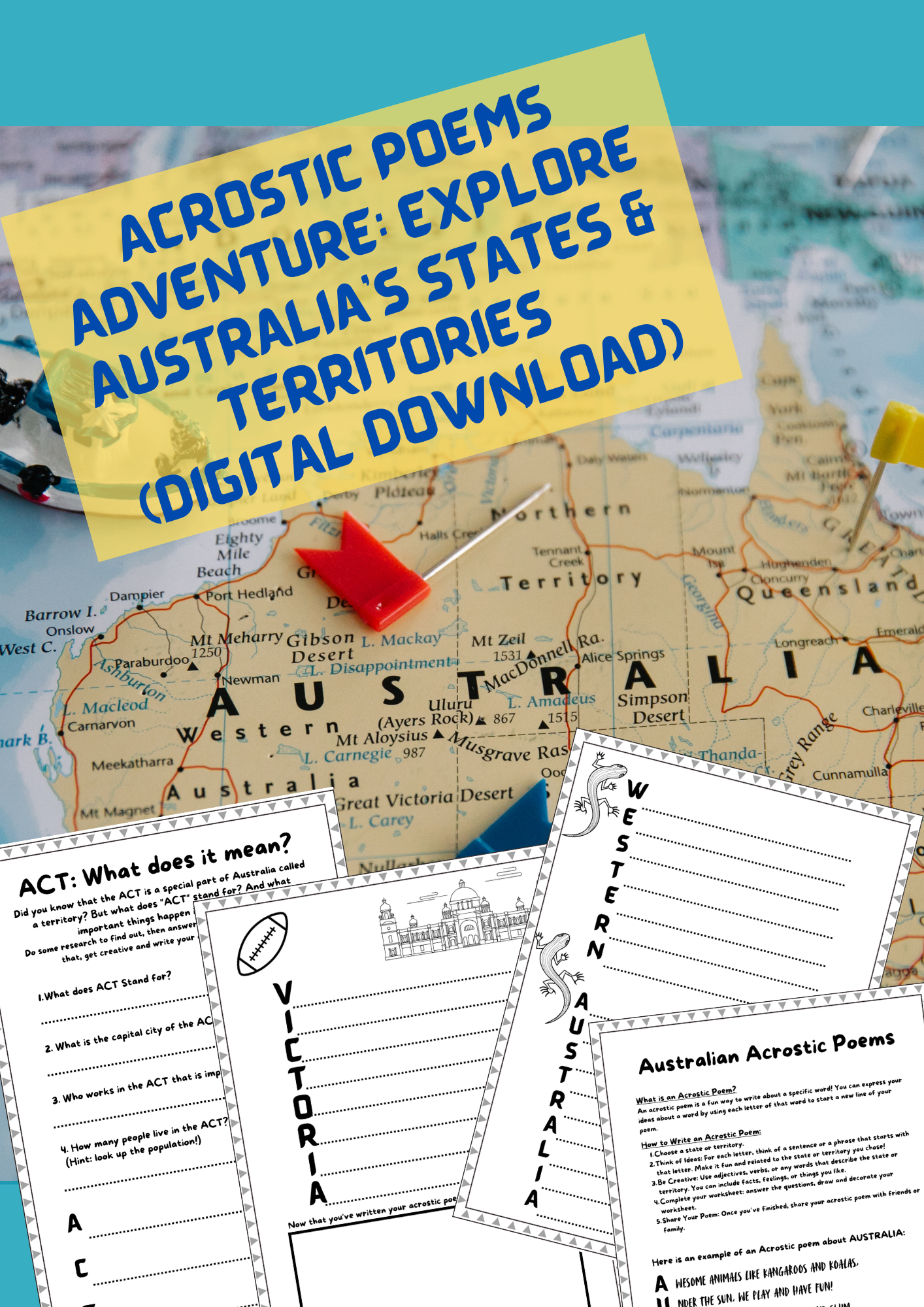 Map of Australia with push pins and sheets of paper about Australian acrostic poems and ACT facts.