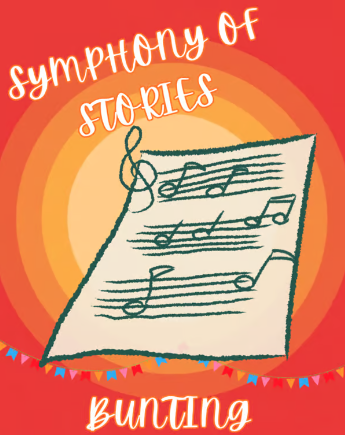 A colorful book cover titled 'Symphony of Stories Bunting' showing a sheet of music with musical notes and a treble clef, decorated with small red and blue bunting flags.