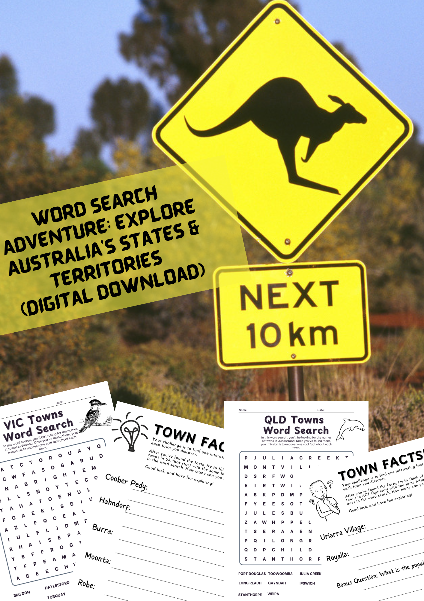 Yellow road sign indicating kangaroos in Australia with an additional sign stating next 10 km, overlaid with promotional text for a word search adventure through Australia's states and territories, along with sample word search puzzles related to Victorian towns, Queensland towns, and other locations.