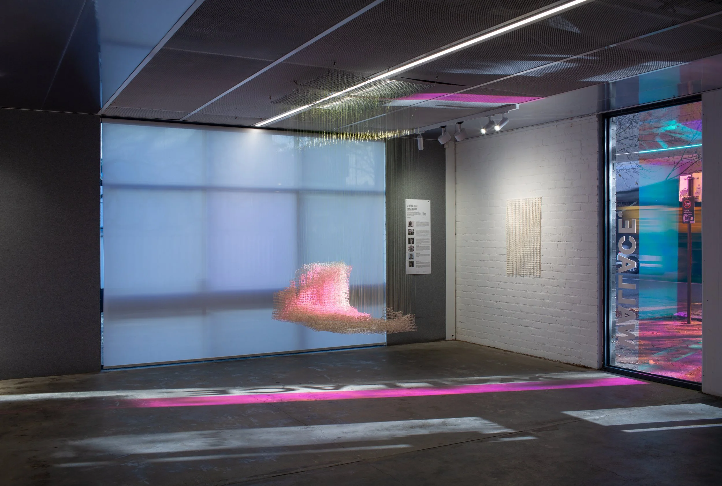 Installation view featuring the work of Alex Spremberg, Marzena Topka, and Rebecca Baumann, Vulnerable Structures, WALLACE, 2026.