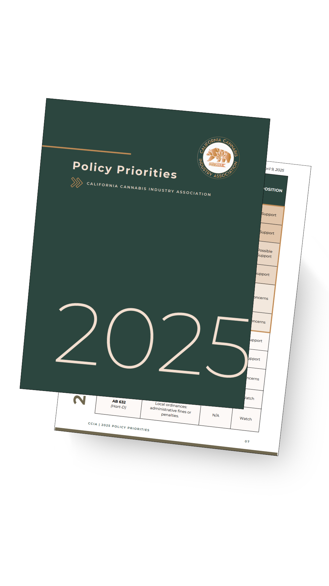 Cover page of California Cannabis Industry Association policy priorities document for 2025, with additional document partially visible behind it.