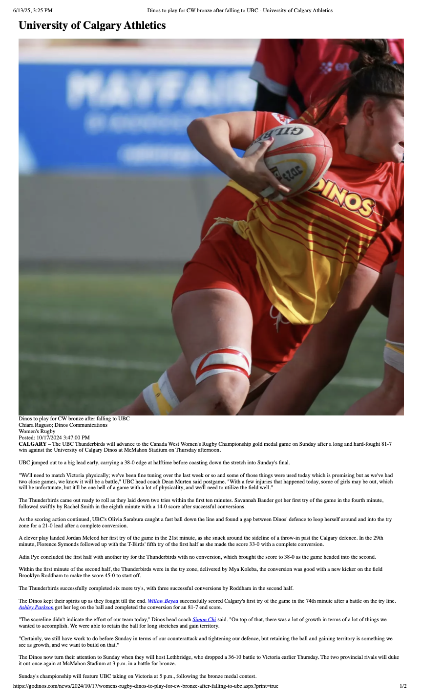 Dinos Womens Rugby Article