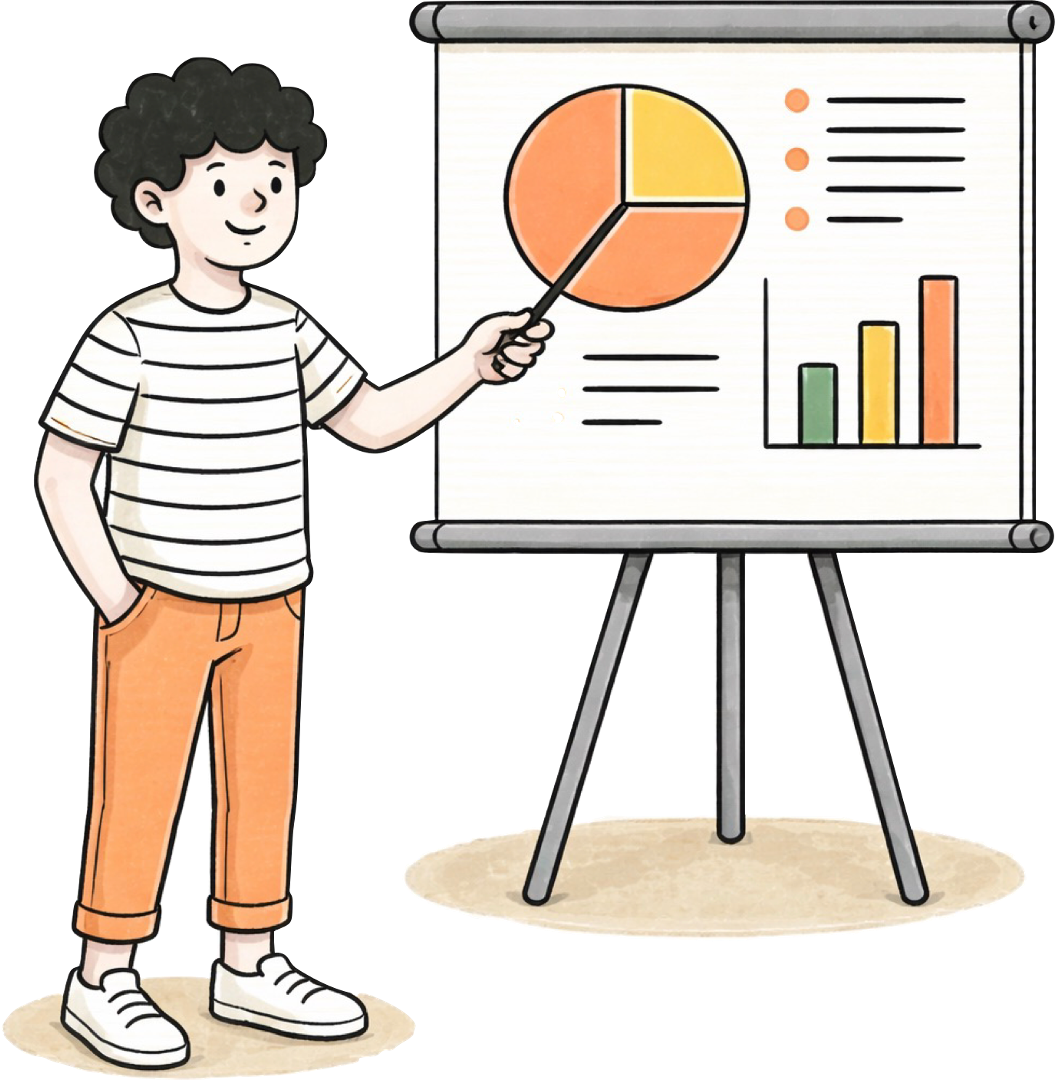 Student presenting data-driven insights to stakeholders, pointing to charts and graphs on a presentation board to clearly define a problem, communicate results, and guide strategic action.