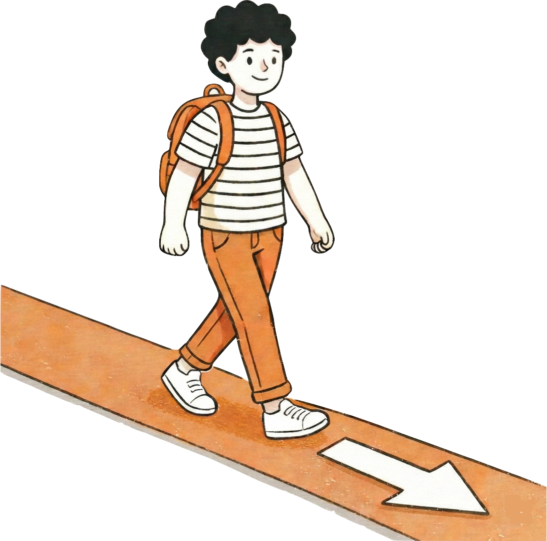 Illustration of a student walking confidently along a clear path with an arrow, symbolizing clarity after an interdisciplinary project and confidence in what to explore next, including newly discovered career paths.