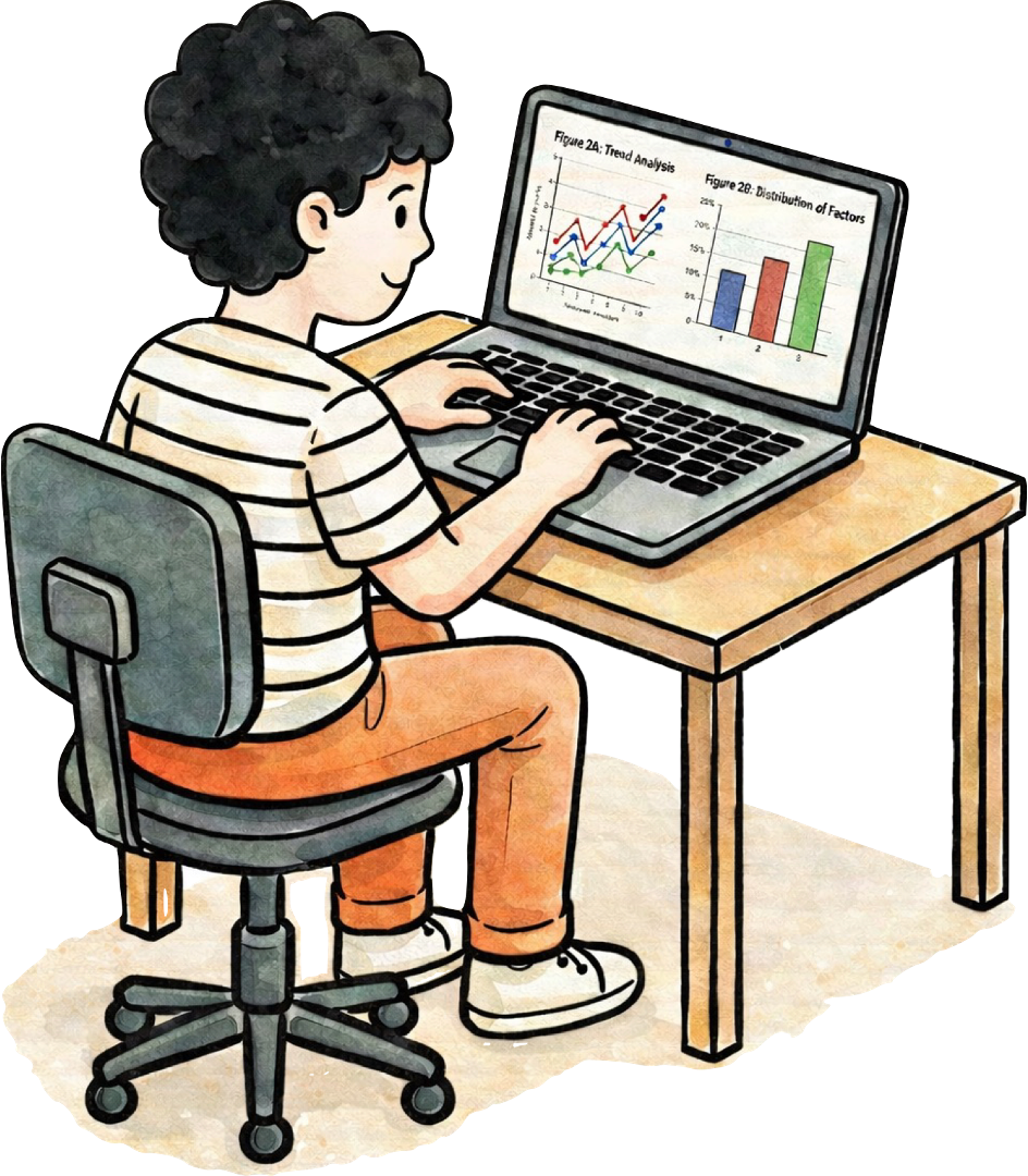 Student analyzing experimental data on a laptop, using charts and graphs to test a hypothesis and draw evidence-based scientific conclusions.