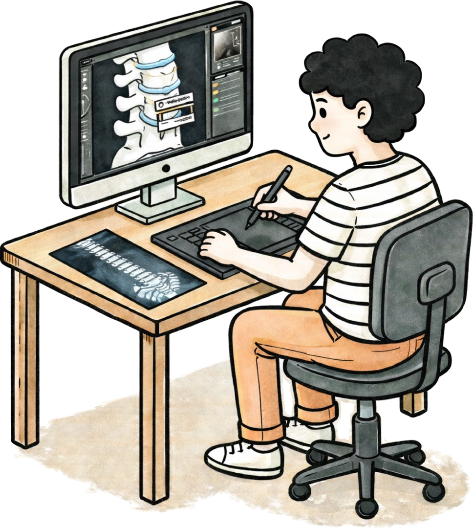 Student analyzing medical data on a computer, translating research and imaging into clinically meaningful insights to inform patient care and decisions.